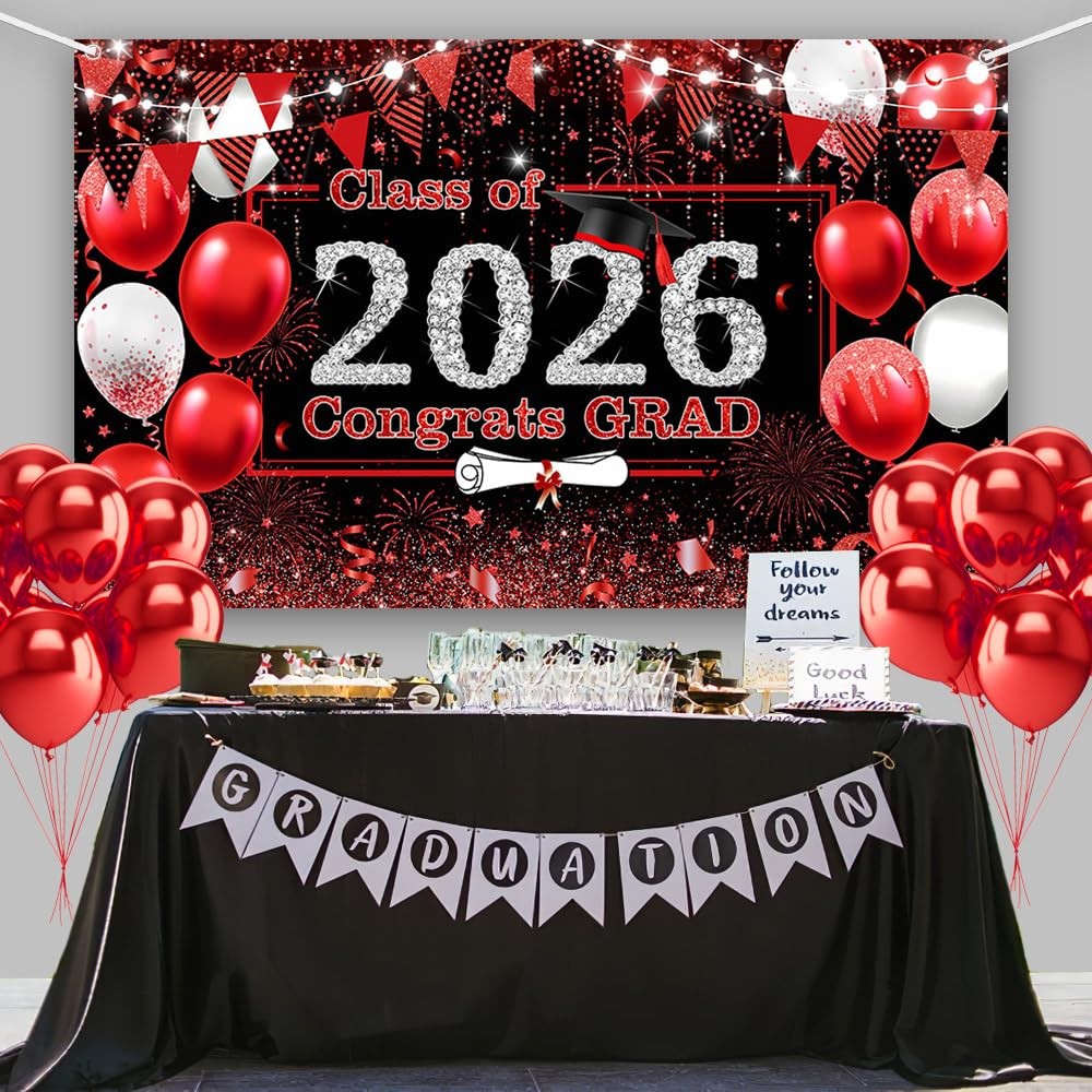 Red Graduation Backdrop Red and Black Graduation Decorations 2026 Congrats Grad