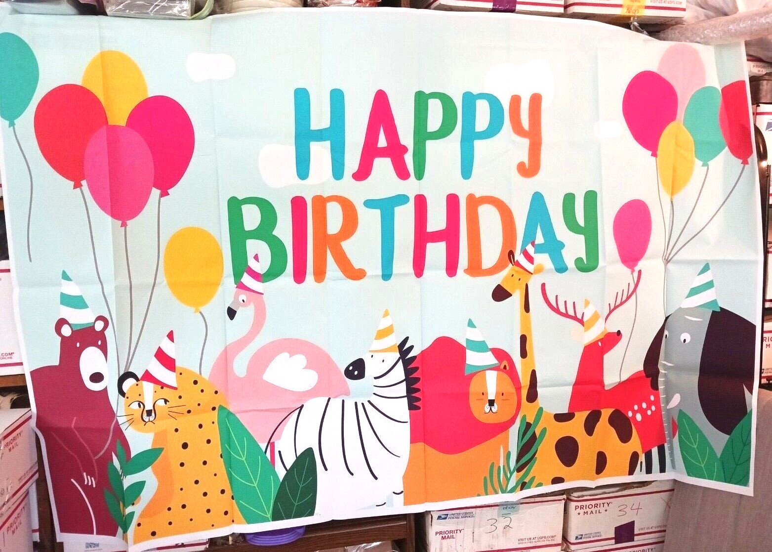 Wild animal happy birthday banner for children. Photo Backdrop Vinyl 39″ x 60″.