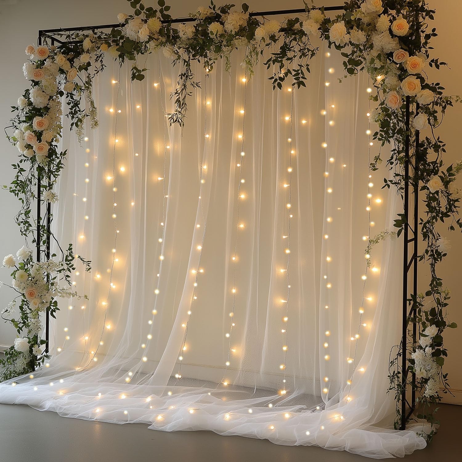 EMHOLDBU 10x10ft White Tulle Backdrop Curtain with Lights String Sheer Drapes