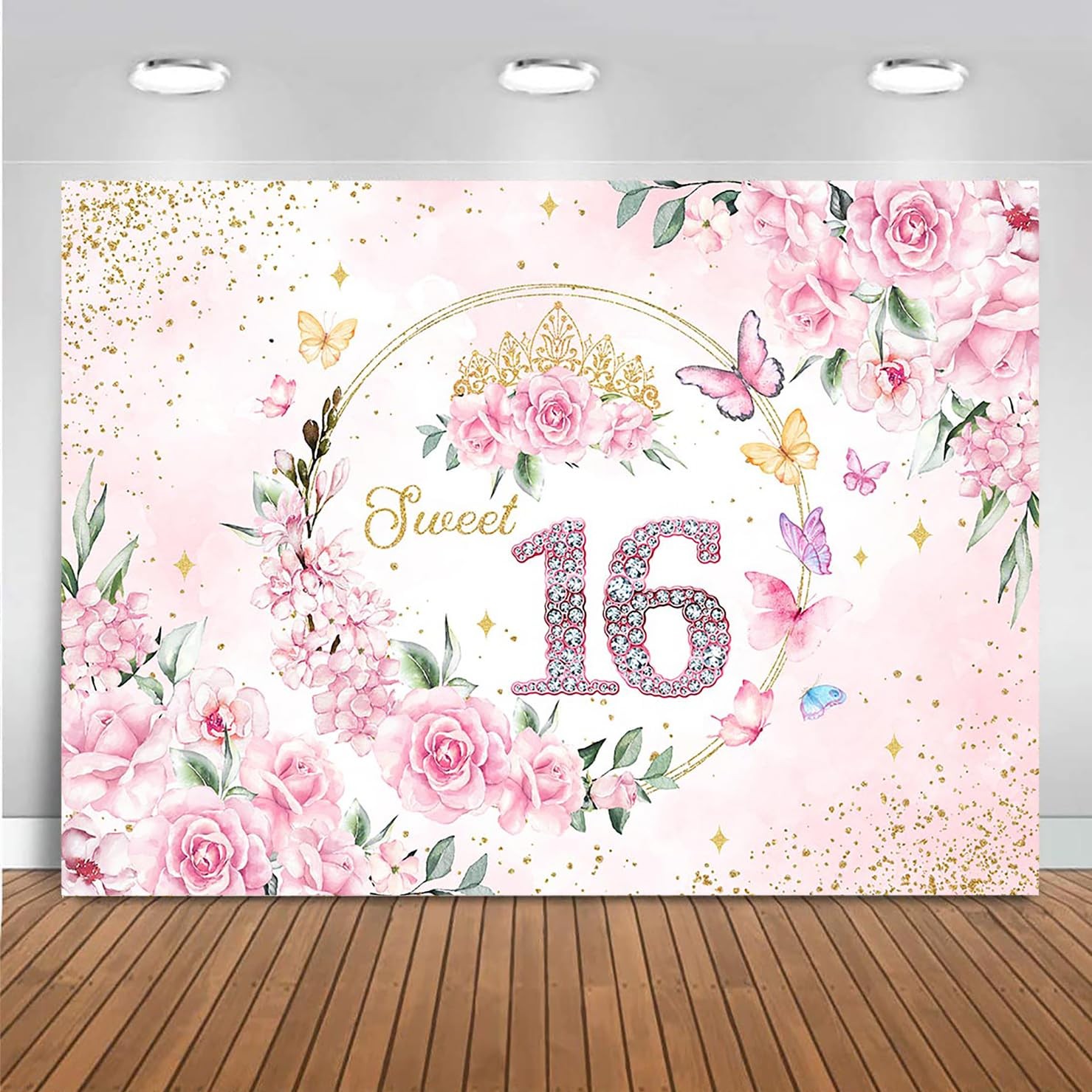 7x5ft Sweet 16 Backdrop Banner Decorations for Girls Birthday Party Pink Flor…