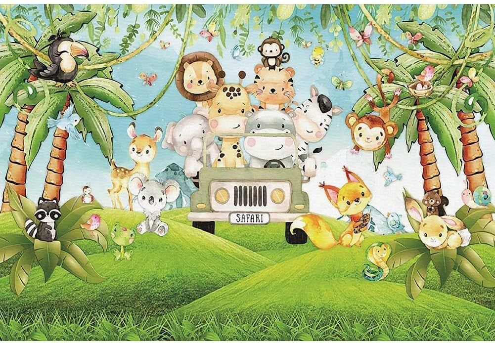 8x6ft Baby Safari Themed Birthday Shower Photo Backdrop Cartoon Jungle Animals