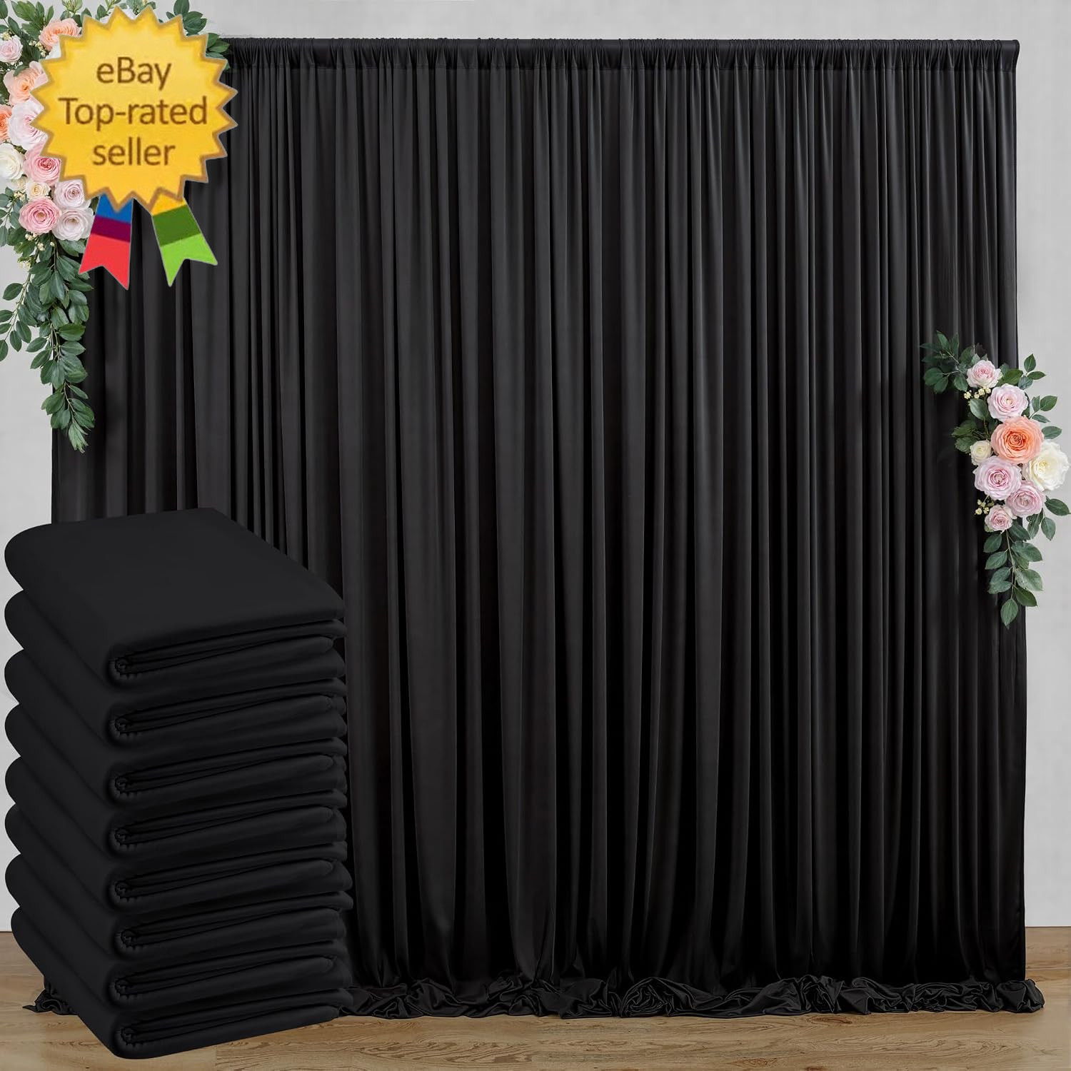 40 Ft X 10 Ft Wrinkle Free Black Backdrop Curtain for Parties, 8 Panels 10Ft Pol