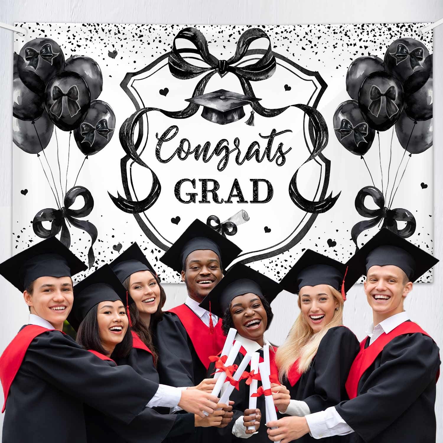 Coquette Congrats Grad Backdrop Black Bow 2026 Graduation Photography Background