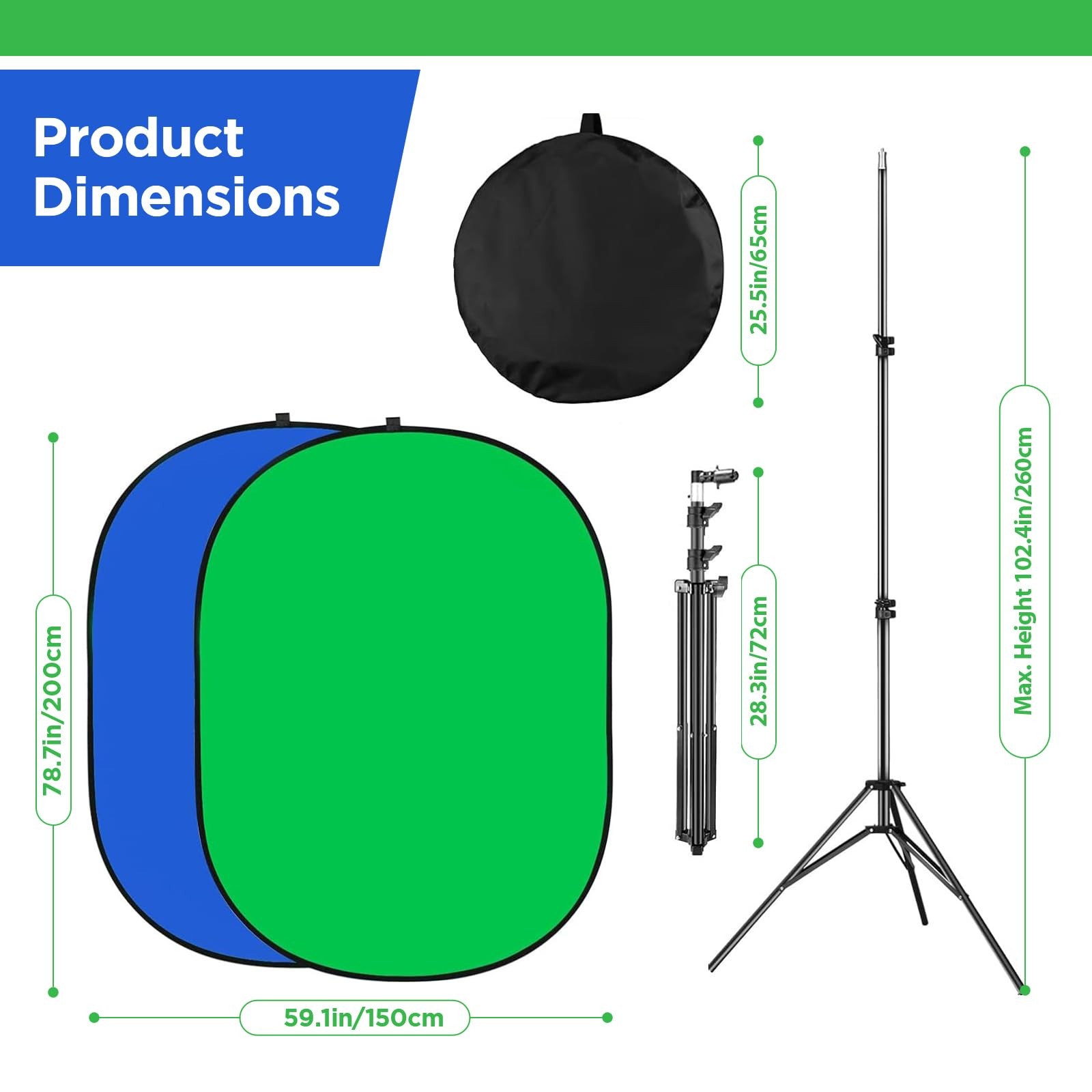 Portable Green Screen Backdrop with Stand,Foldable 5x7ft Chromakey Blue&Green…