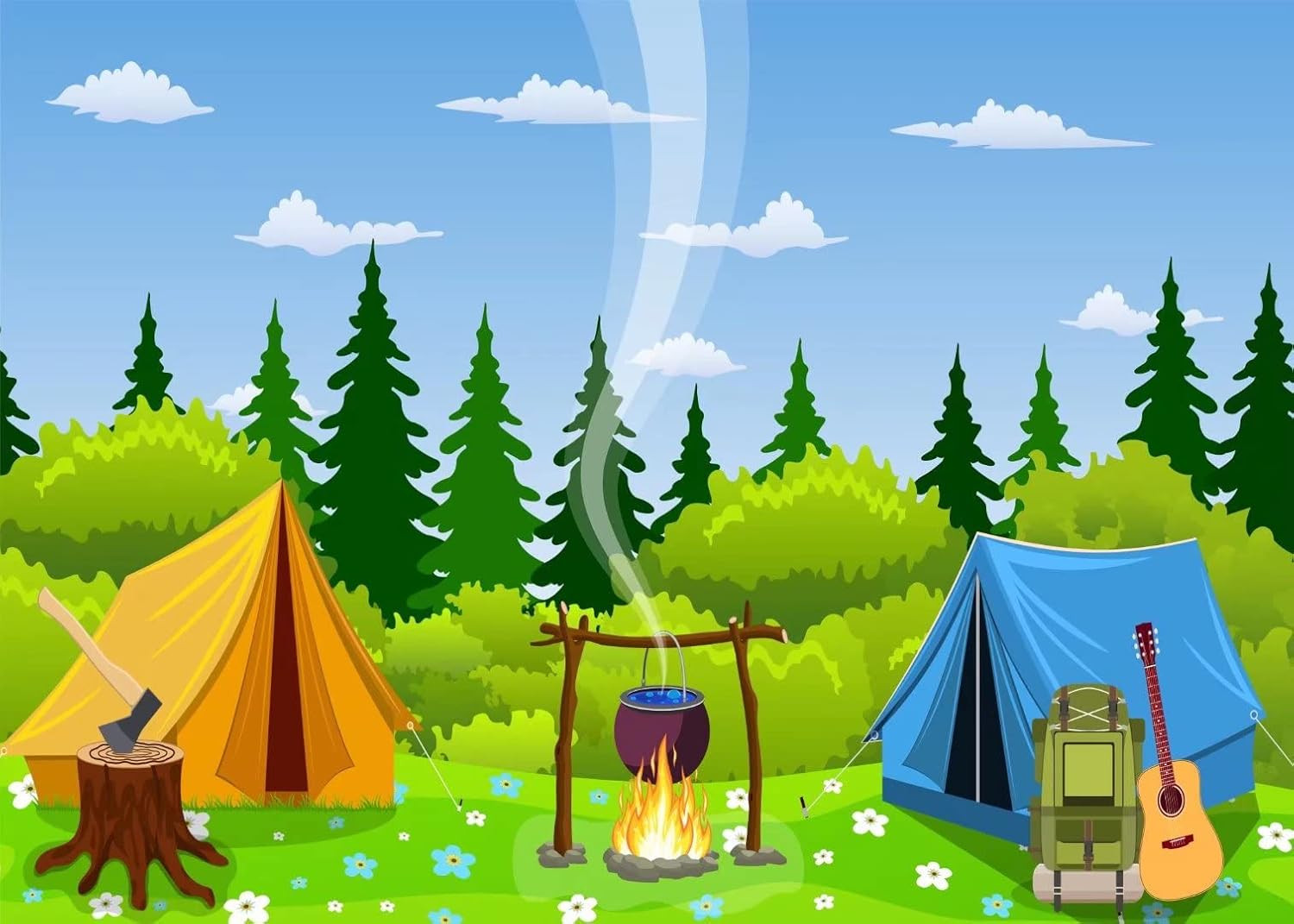 Cartoon Forest Camping Backdrop 20x10ft for Kids Birthday & Baby Shower