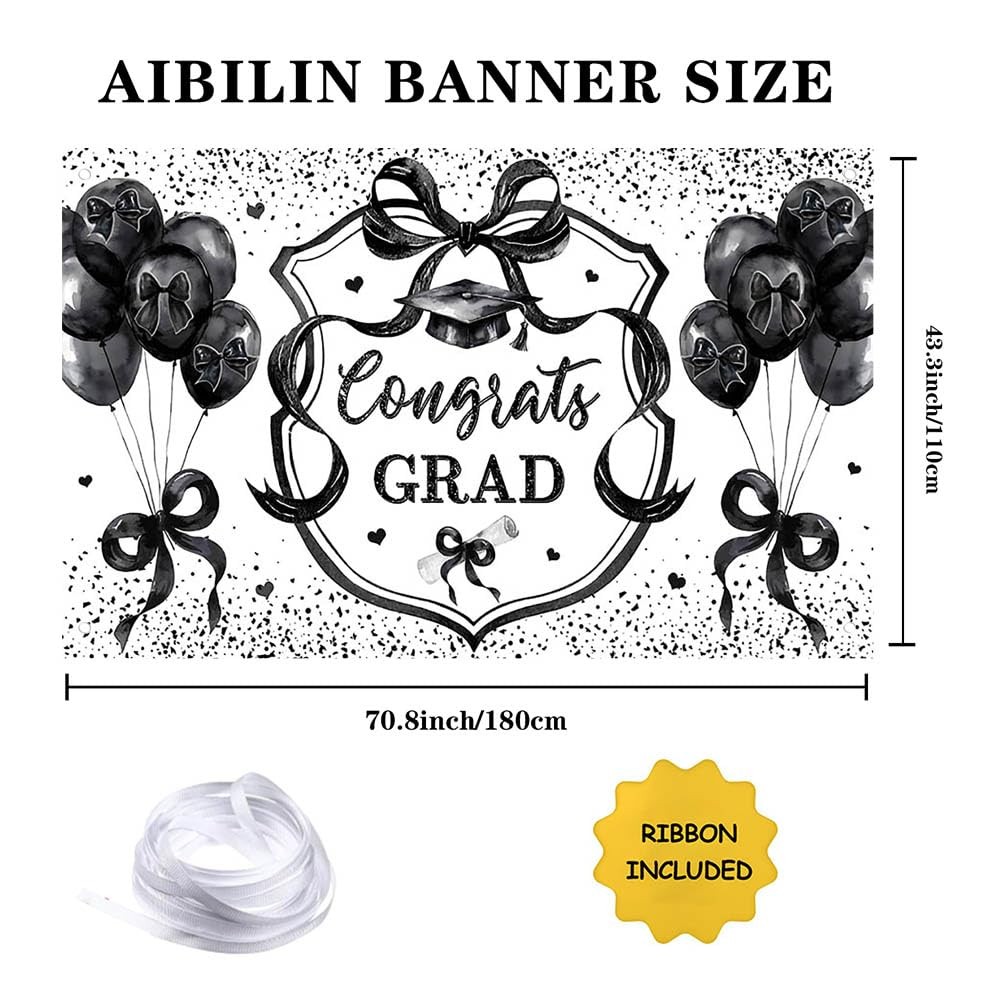 Coquette Congrats Grad Backdrop Black Bow 2026 Graduation Photography Background