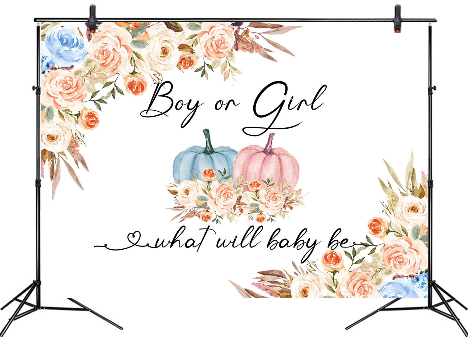 10x8ft Blue Pumpkin Pink Floral Gender Reveal Photo Background Studio Props