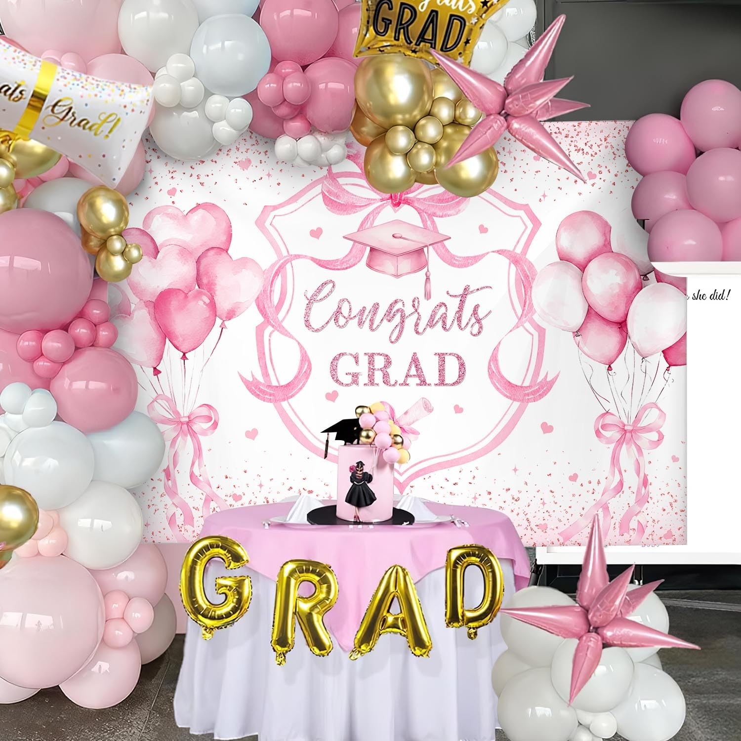 Coquette Congrats Grad Backdrop Pink Bow 2026 Graduation Photography Background