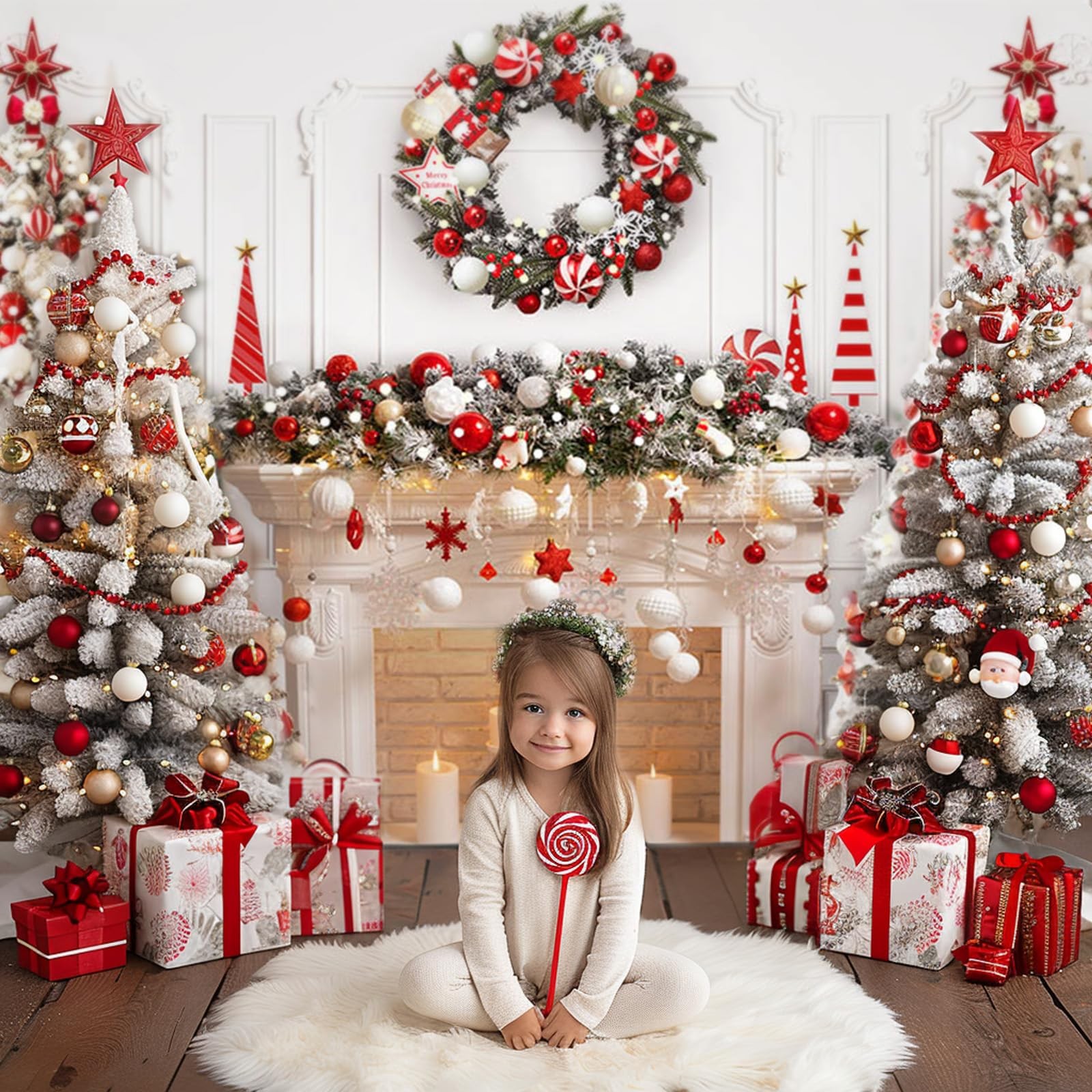 Mocsicka Merry Christmas Fireplace Backdrop (Red, 7x5ft(82”x60”), Red