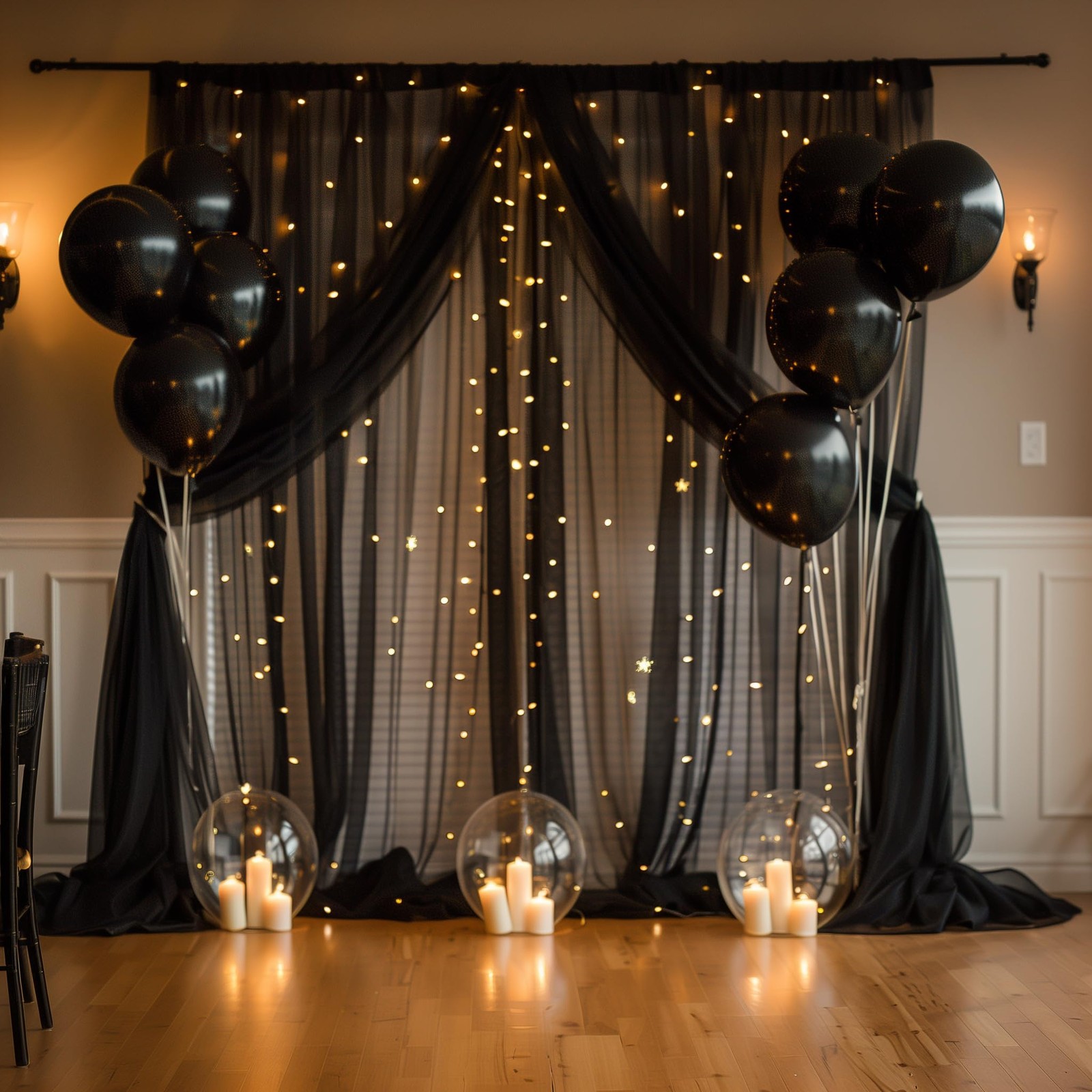 2 Panels 5×8 Ft Black Sheer Tulle Backdrop Curtain Lights Wedding Party