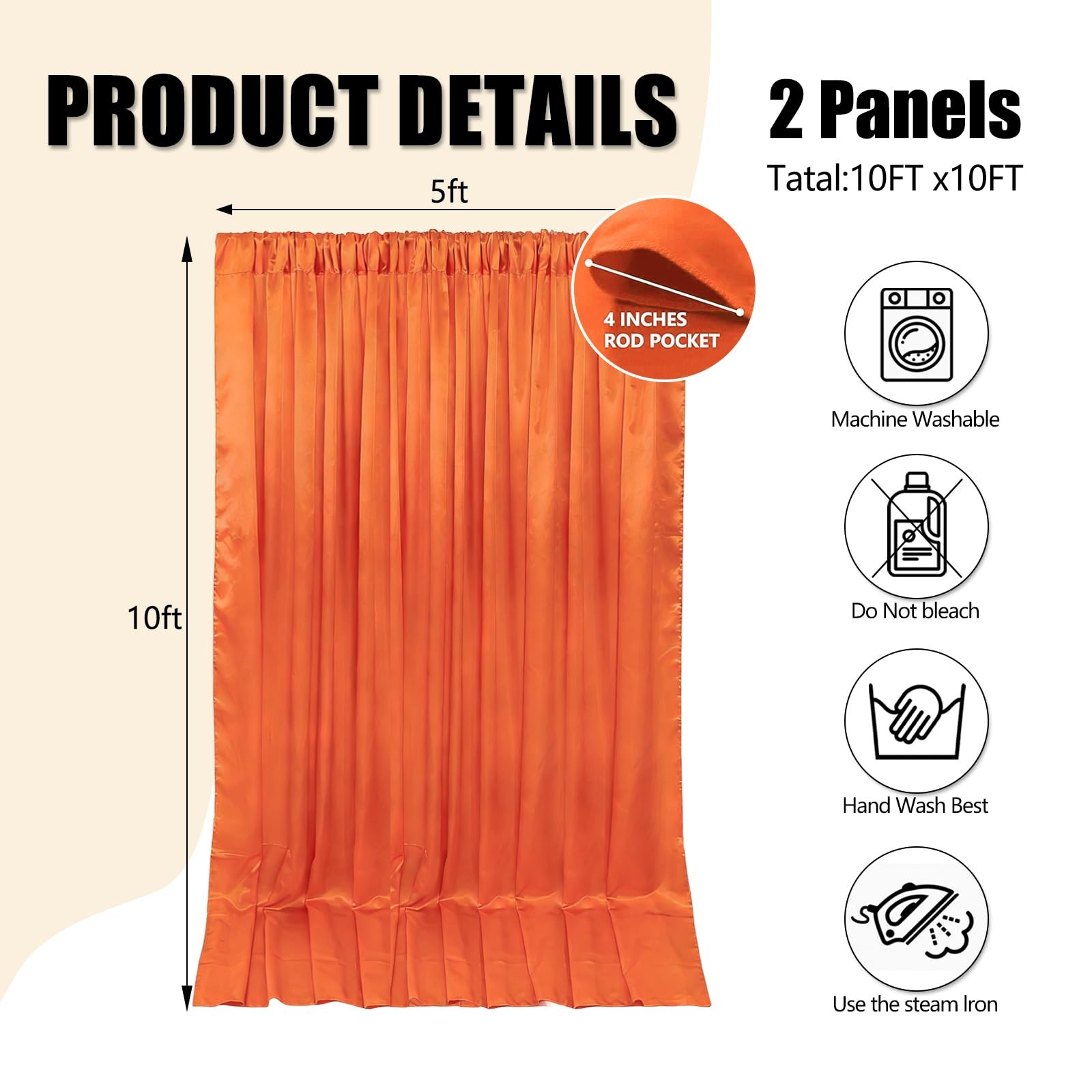 2 PCS 10×10 Ft Orange Fabric Satin Backdrop Curtain Rod Pocket Party Drapes