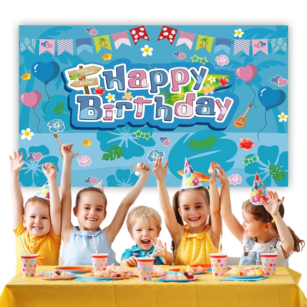 Blue and Pink Cartoon Birthday Party Backdrop, Hawaii Theme with Tropical Flo…