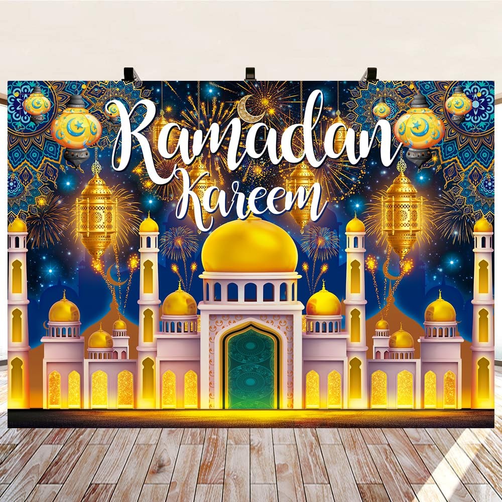 Ramadan Kareem Backdrop 7x5FT（210x150cm）, Multicolor (Blue, Gold, Yellow)