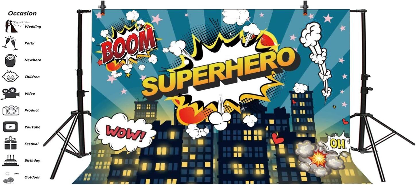 Little Superhero Photo Backdrop Comic City Night Scene Building Background Kids