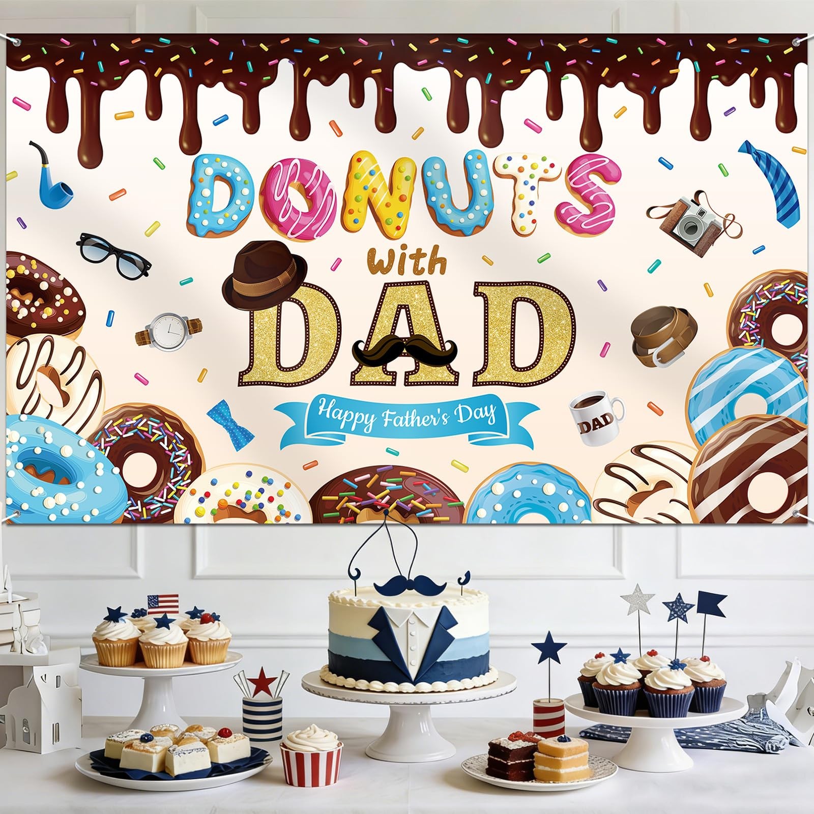 Happy Fathers Day Backdrop Large Size Donuts with Dad Banner Father’s Day Photog
