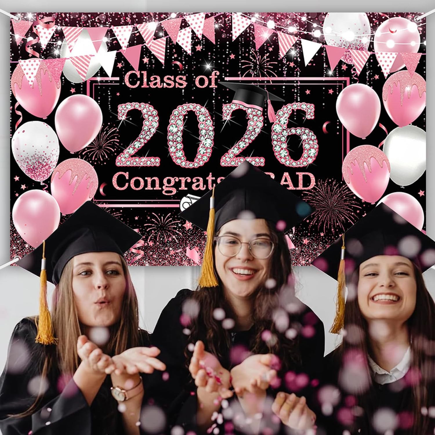 Pink Graduation Backdrop Decorations 2026 Pink Graduation Bnner Class of 2026…