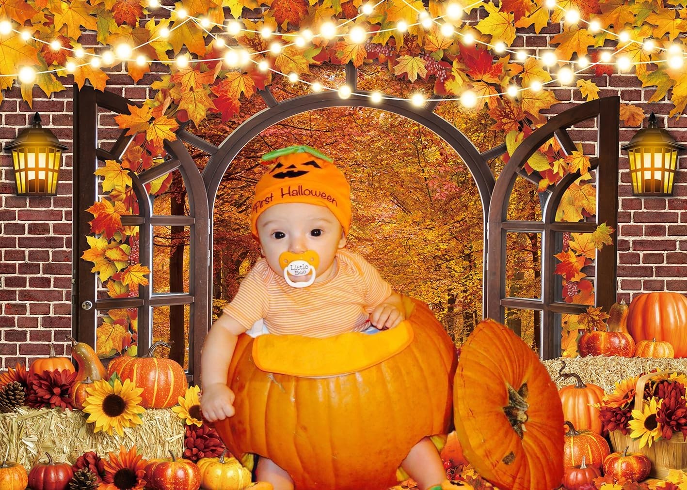 10x8FT Fall Window Backdrop Autumn Harvest Pumpkins Maple Leaves Vinyl Photo