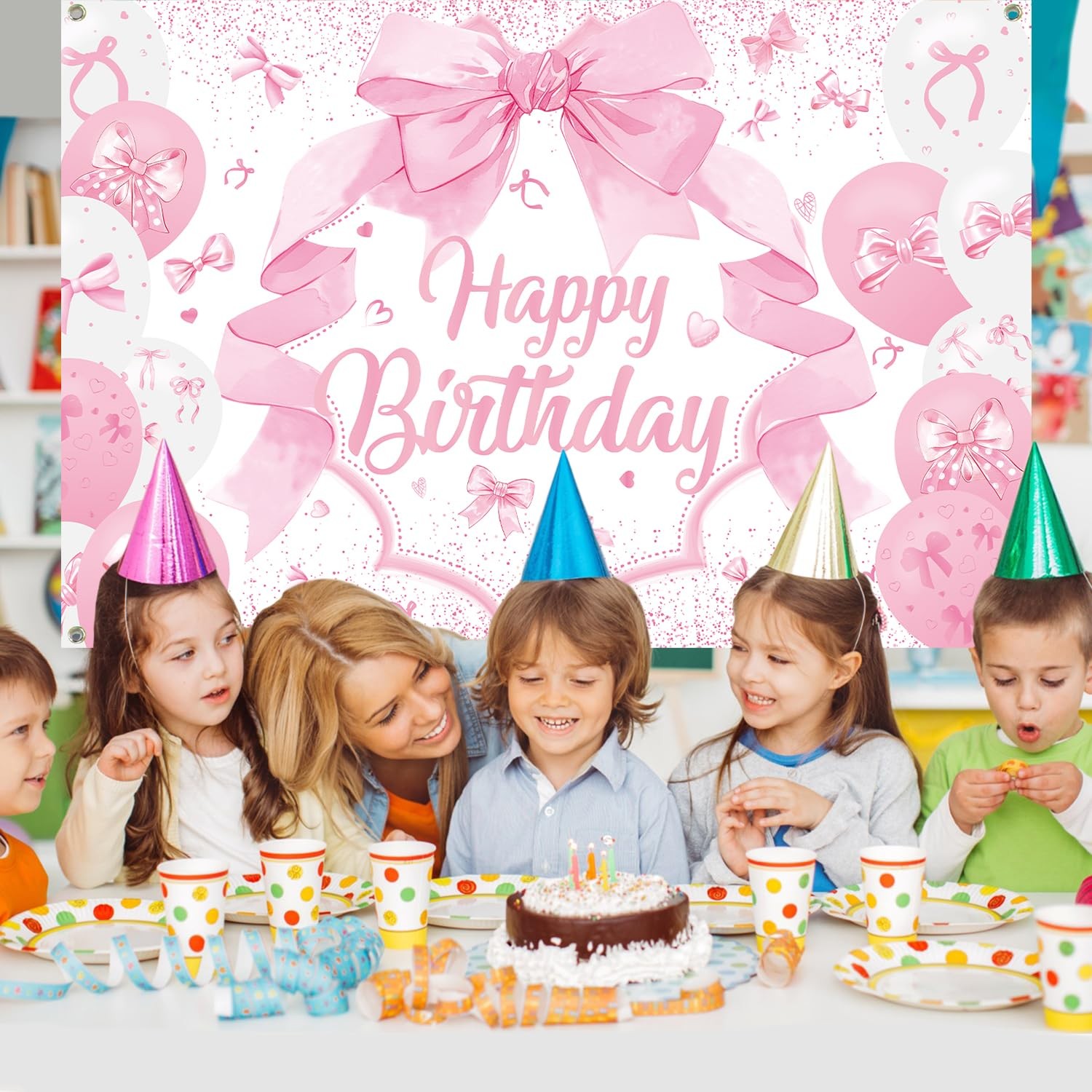 Pink Bow Coquette Girl Happy Birthday Decoration Photo Backdrop 71×47 In