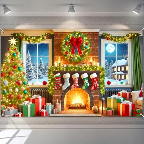 Christmas Fireplace Banner 71×43 Inch Indoor Holiday Decorations Tree – Tree