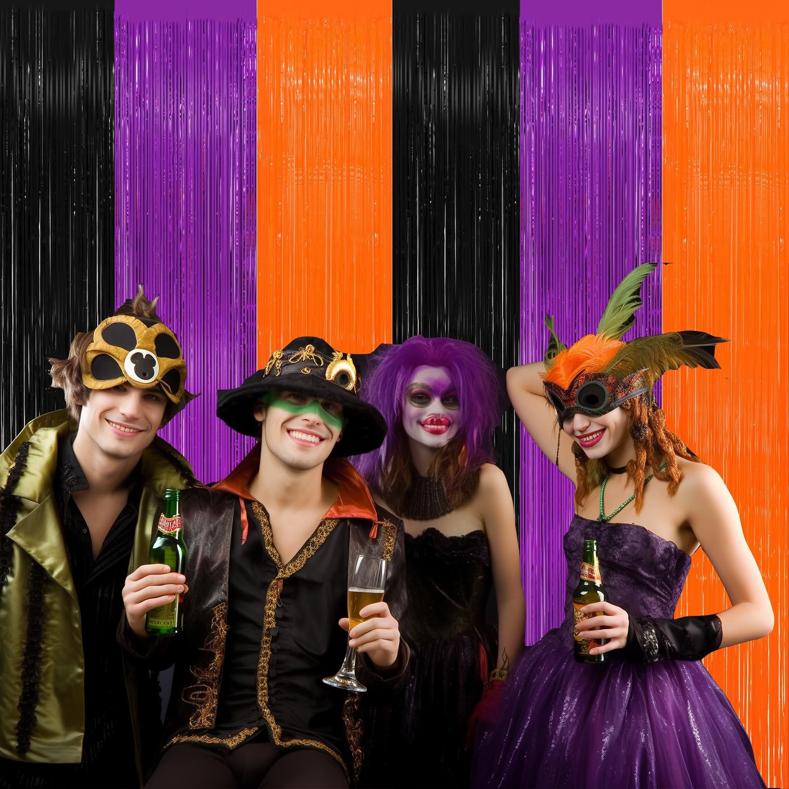 2 Pack Orange Purple Black Halloween Party Decor Foil Fringe Backdrop Curtains