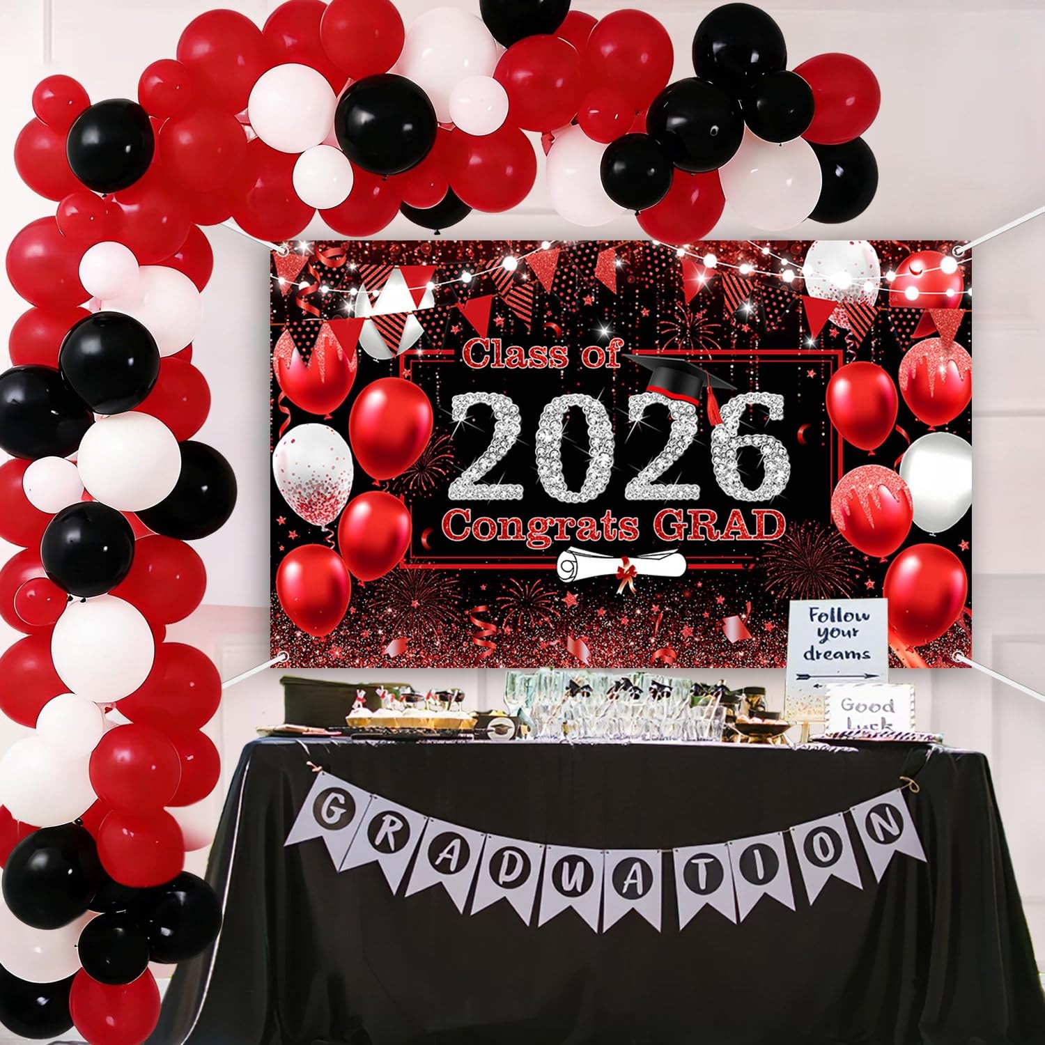 Red Graduation Backdrop Red and Black Graduation Decorations 2026 Congrats Grad