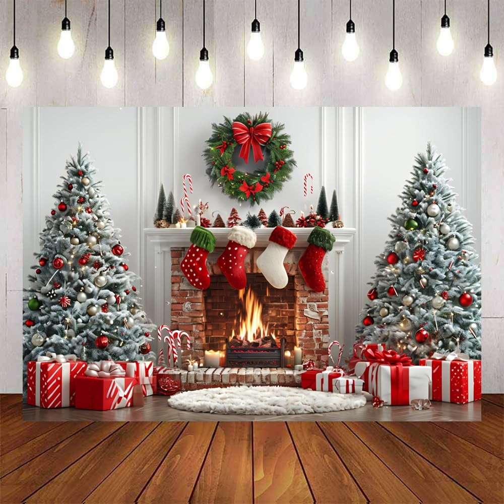 Winter Fireplace Red Christmas Festival Holidays Photography Backdrop 7x5ft Mat