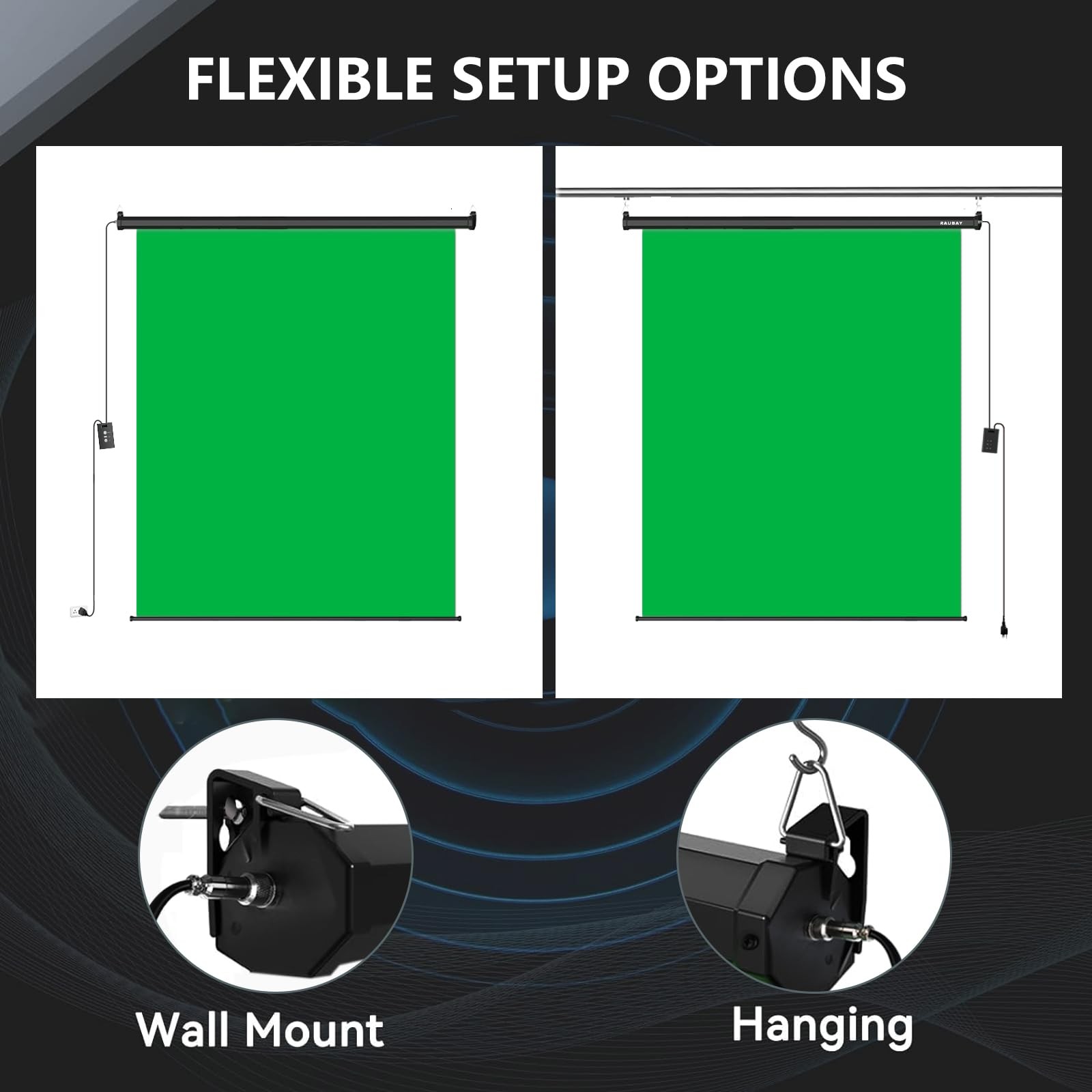 RAUBAY Motorized Pull Down Green Screen – 78.7″ x Wider(78.7 x 86.6in),