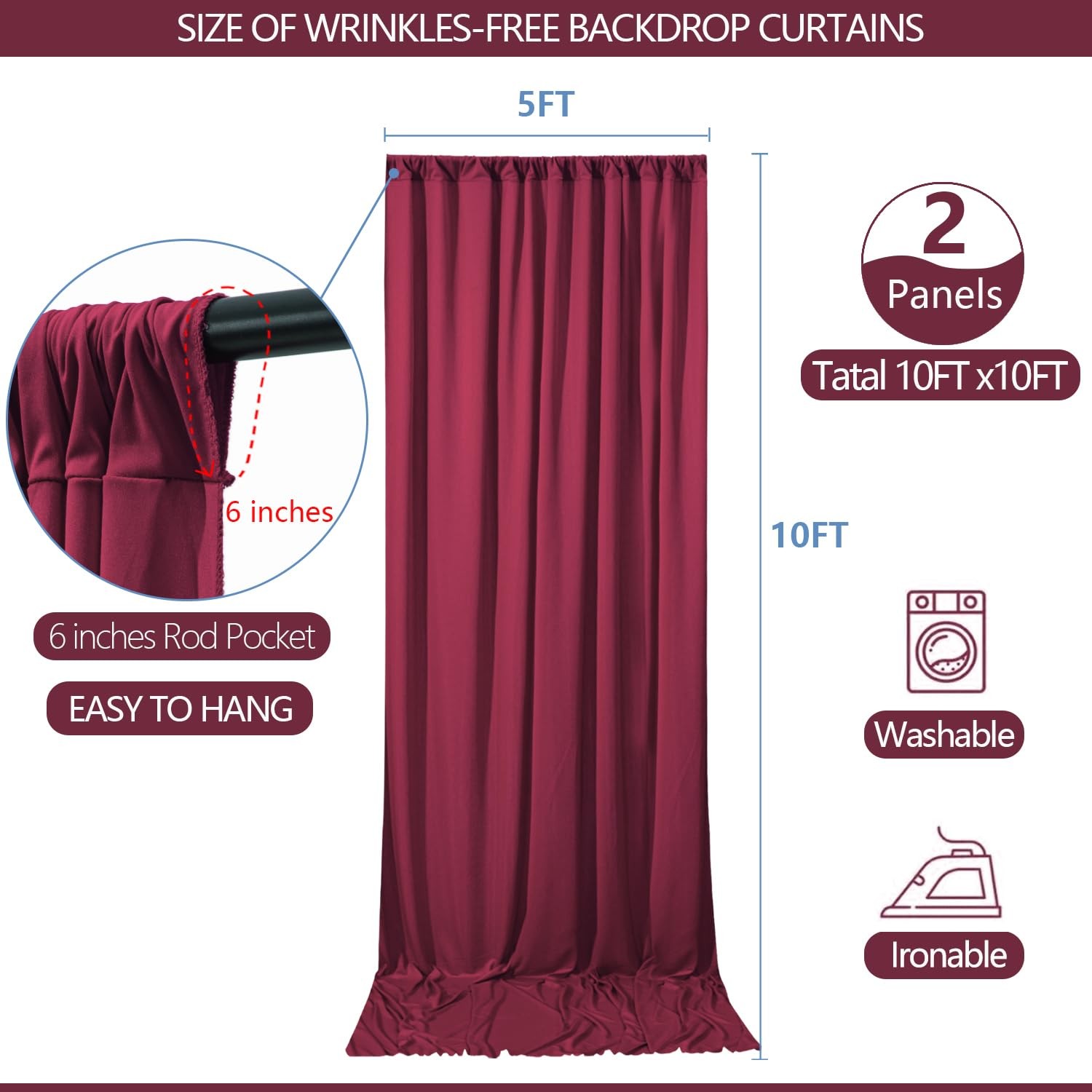 2 Panels 5x10ft Wrinkle Free Burgundy Backdrop Curtain 10x10ft Fabric Drape