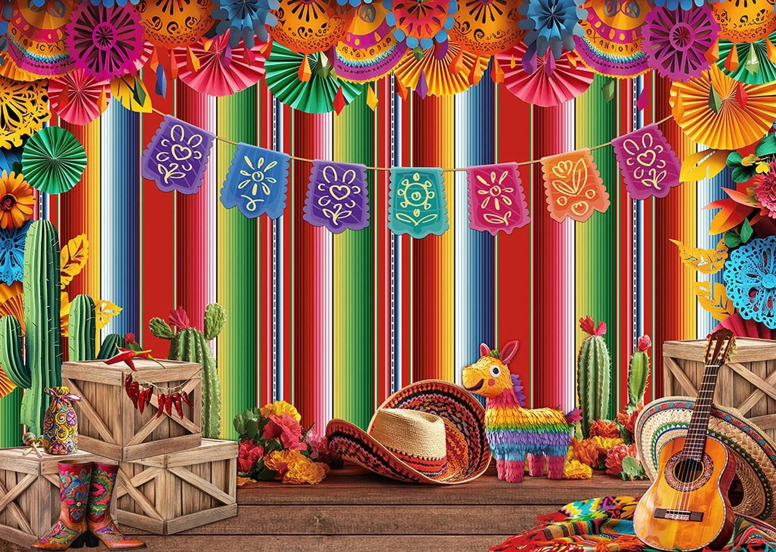 7x5ft Mexican Fiesta Backdrop Paper Flowers Photography Background 331