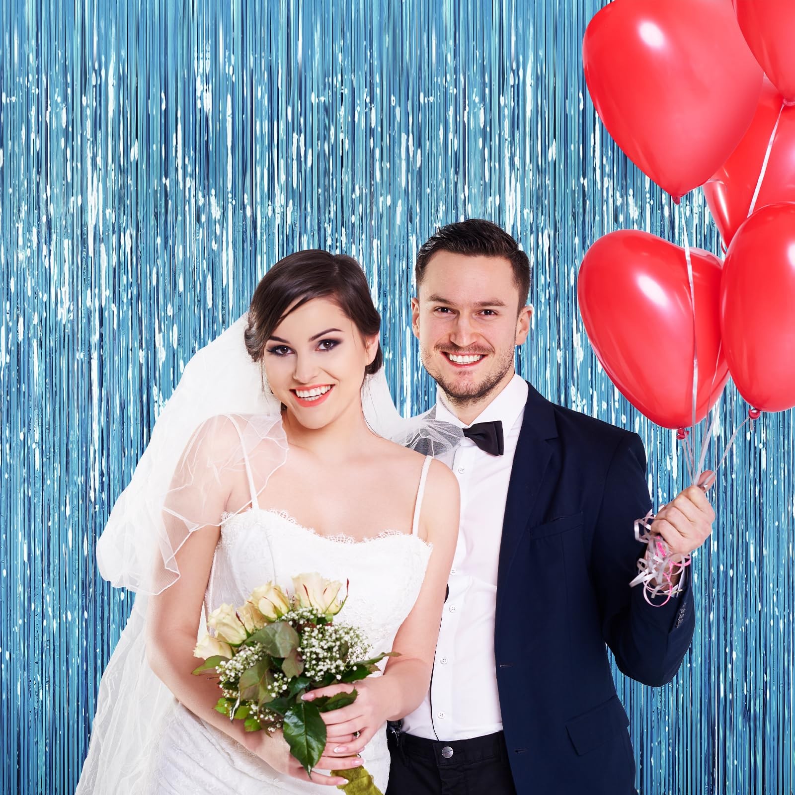 2 PCS Light Blue Tinsel Foil Fringe Curtain Party Photo Backdrop 3.3×6.6 Ft