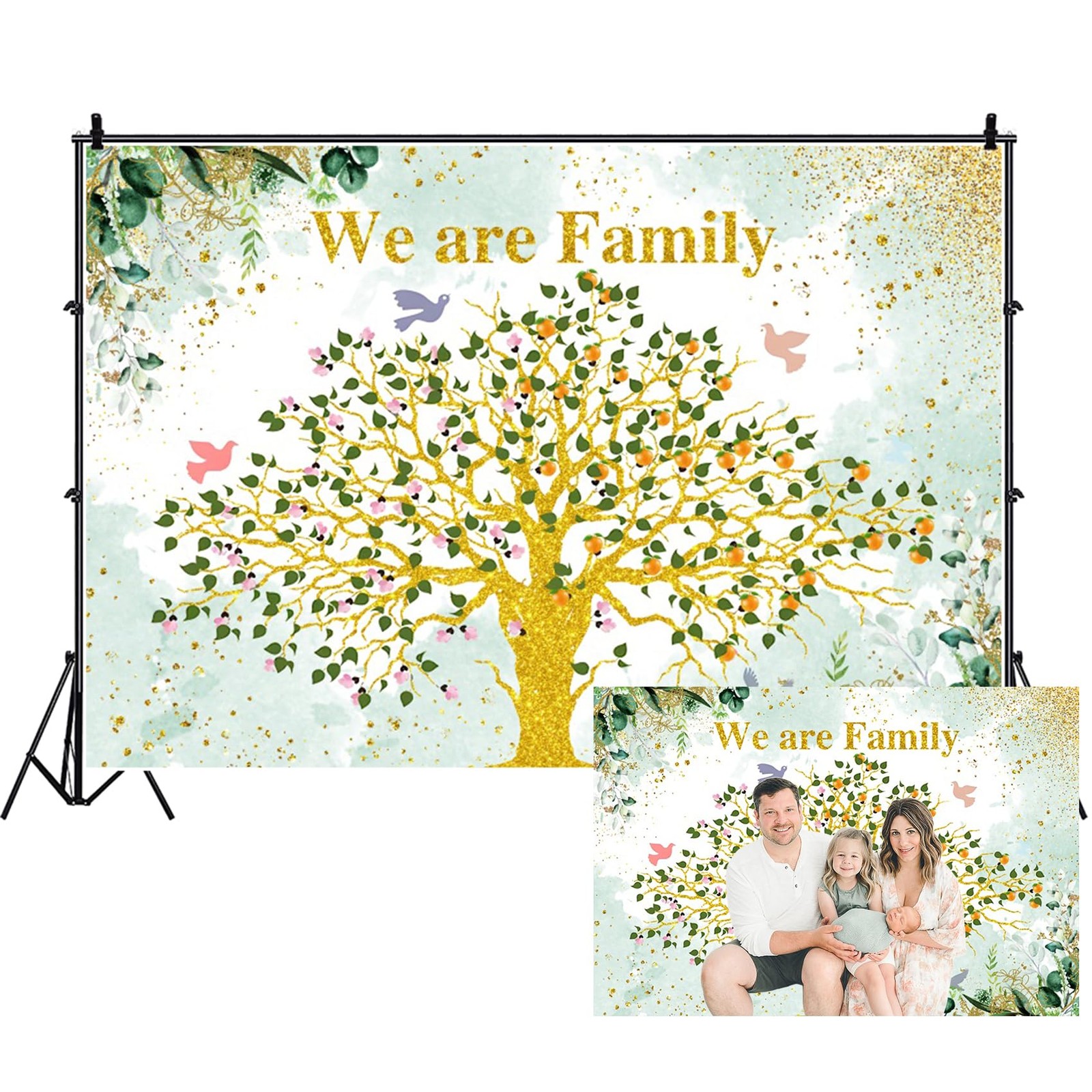 Renaiss 7x5ft Family Reunion Backdrop Green Gold Glitter 7x5ft, green