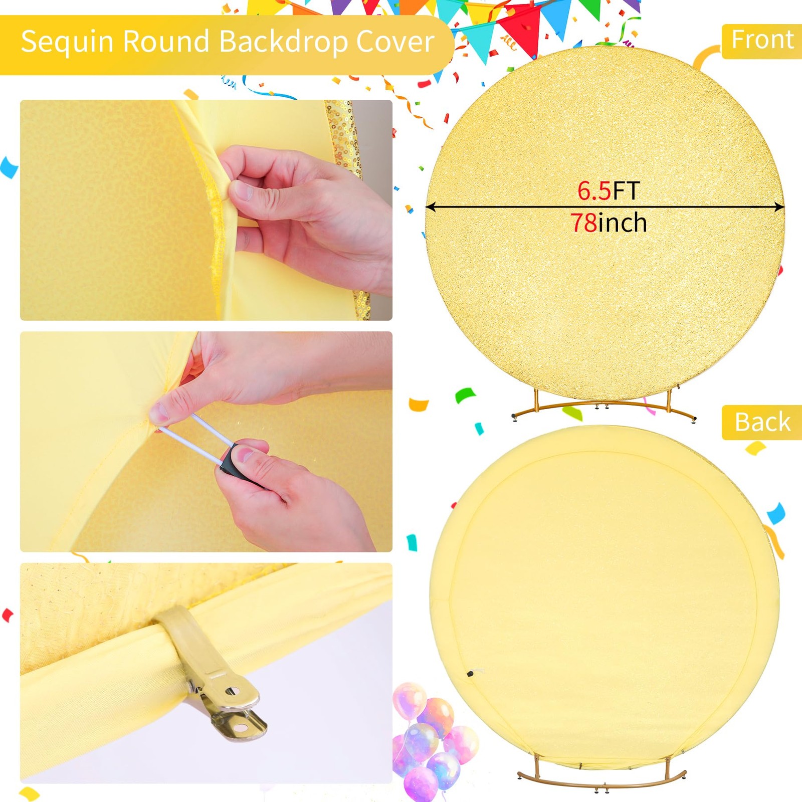 6.5FT Gold Sequins Round Backdrop Cover – Sparkly Glitter Round Arch Stands C…