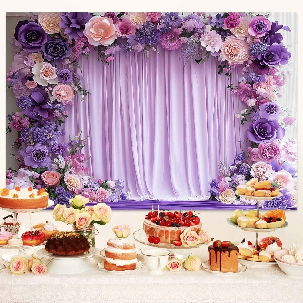 7x7ft Purple Floral Photography Backdrop – Lavender Flower Wall for Weddings, Pa