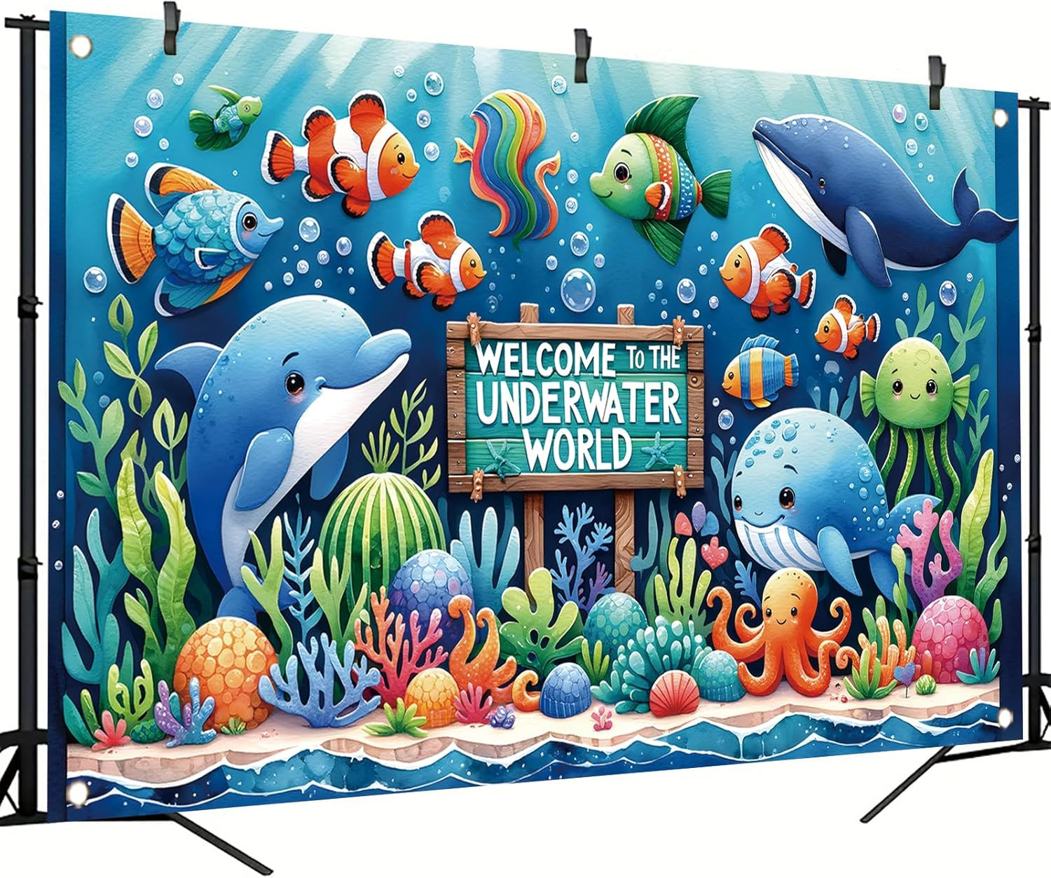 Underwater World Backdrop Banner Ocean Party Decoration Cute Sea Animal Banner f