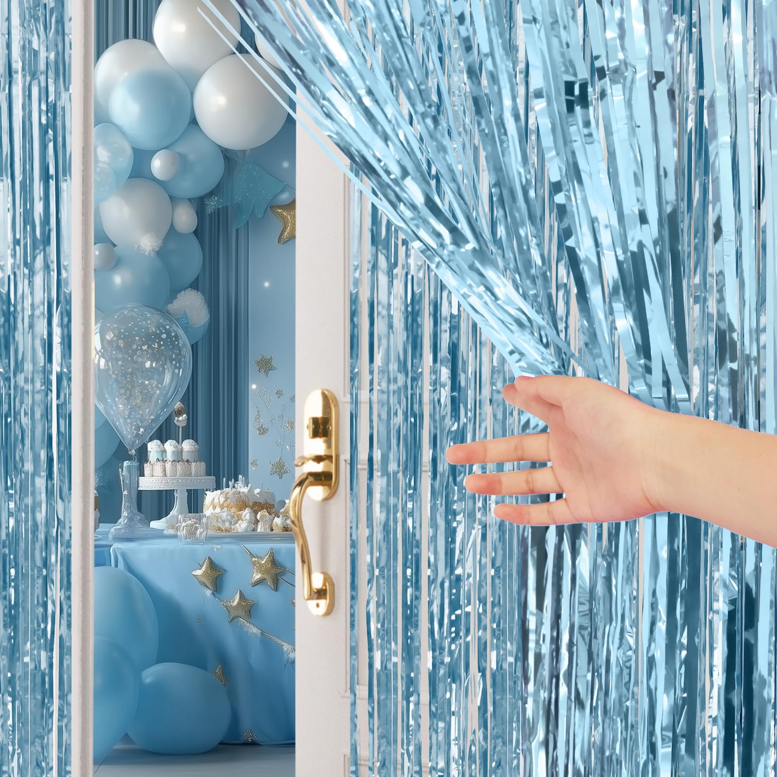 2 Pack Light Blue Fringe Backdrop, 3.2×8.2ft Shining Foil Tinsel Curtains, Bi…