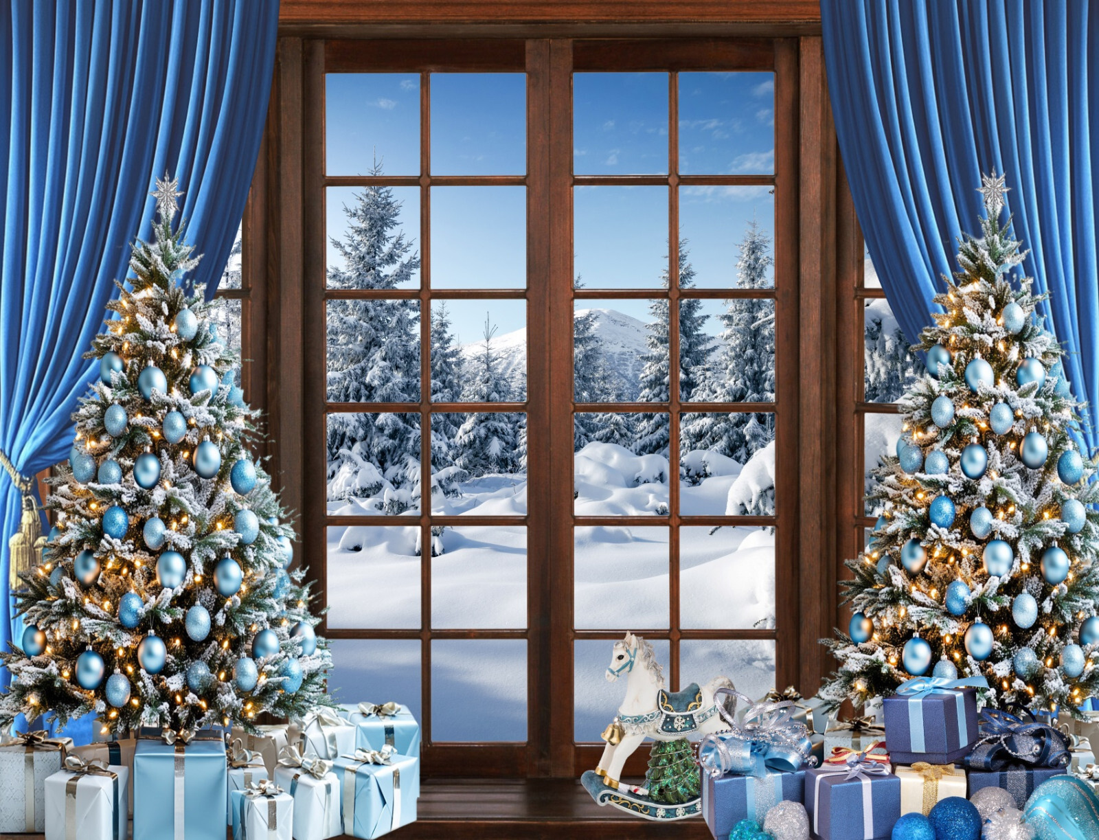 10x8ft Winter Forest Scene Blue Christmas Tree Vinyl Backdrop Photo Background
