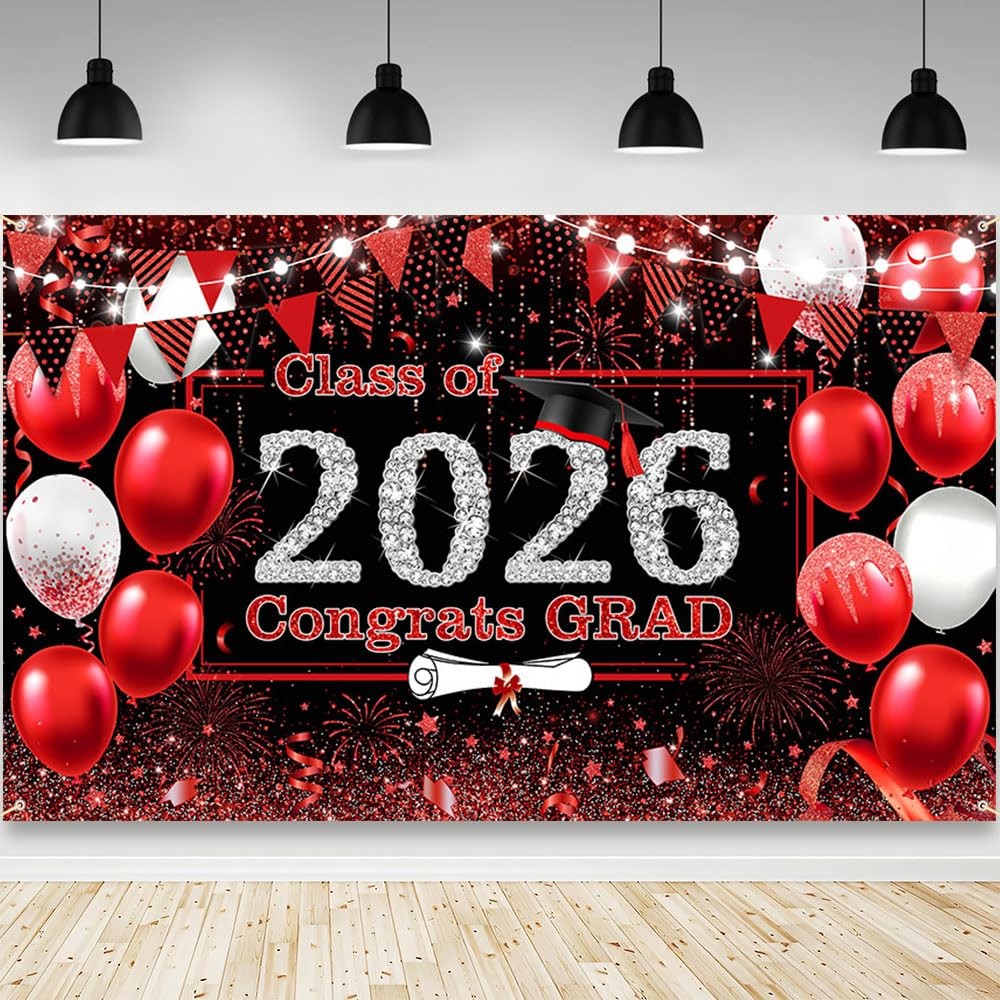 Red Graduation Backdrop Red and Black Graduation Decorations 2026 Congrats Grad