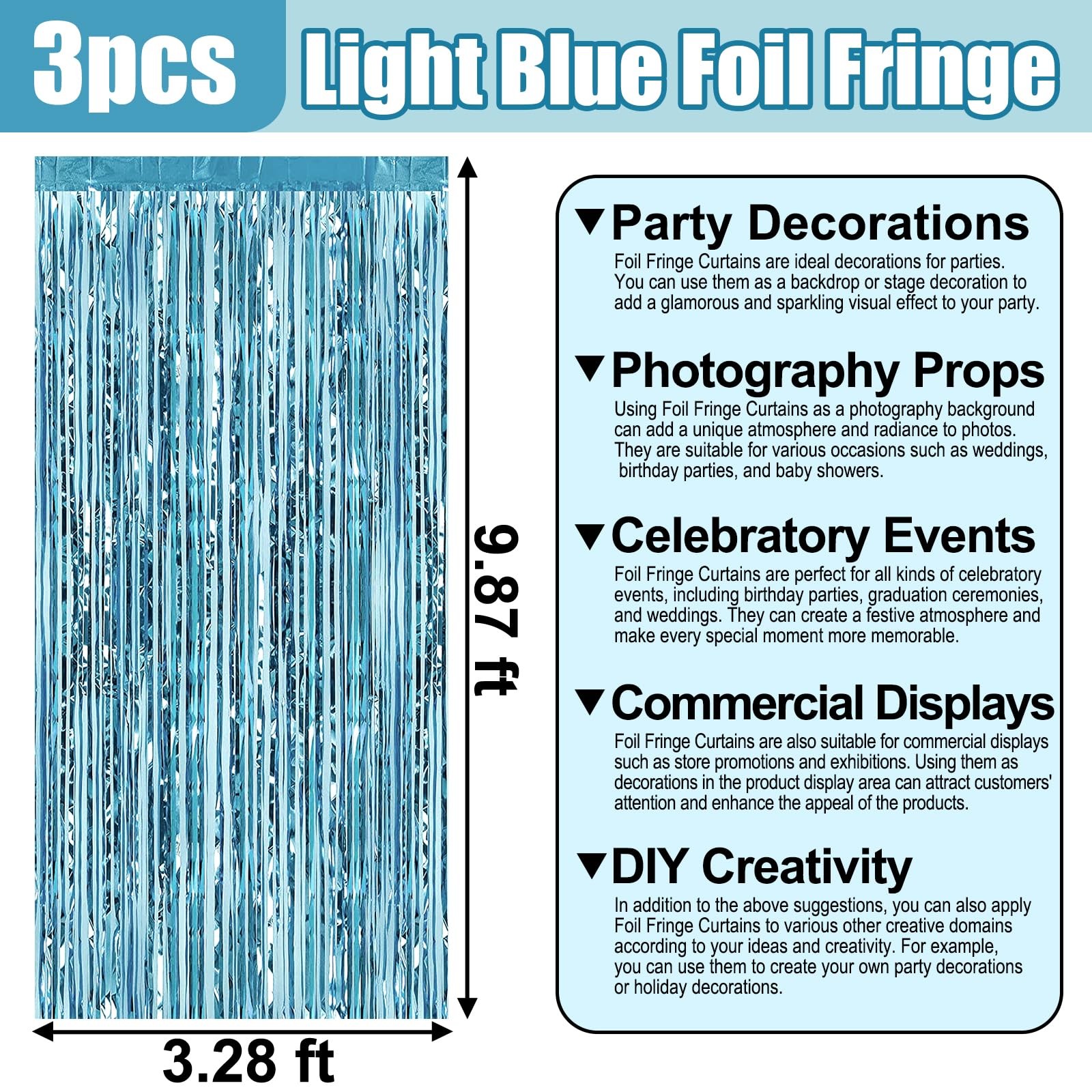 3 PCS Light Blue Foil Fringe Curtain Backdrop Metallic Tinsel Decor 3.28×9.8 Ft