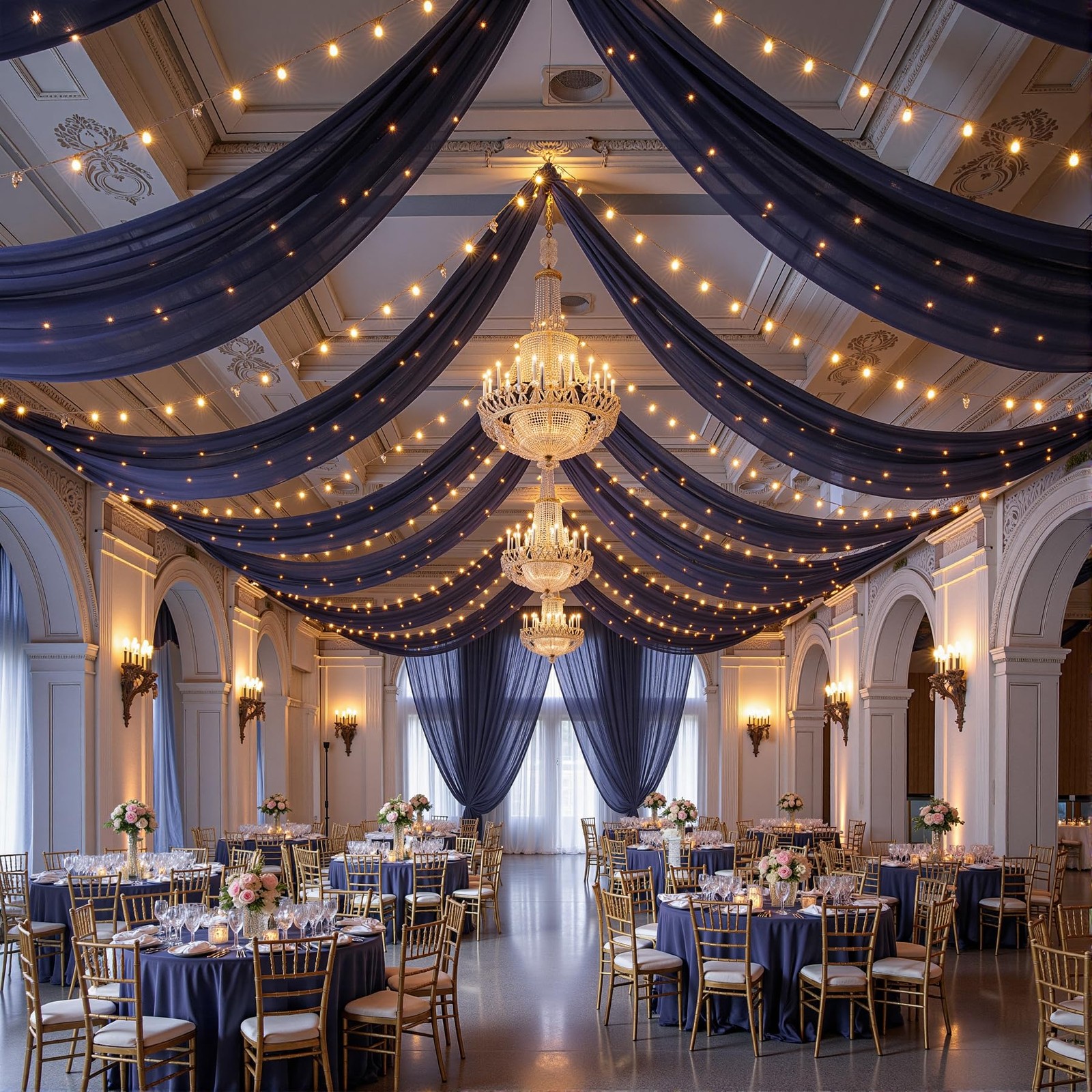 Navy Blue 60″W x 360″L (Pack of 6), Ceiling Drapes + Lights String