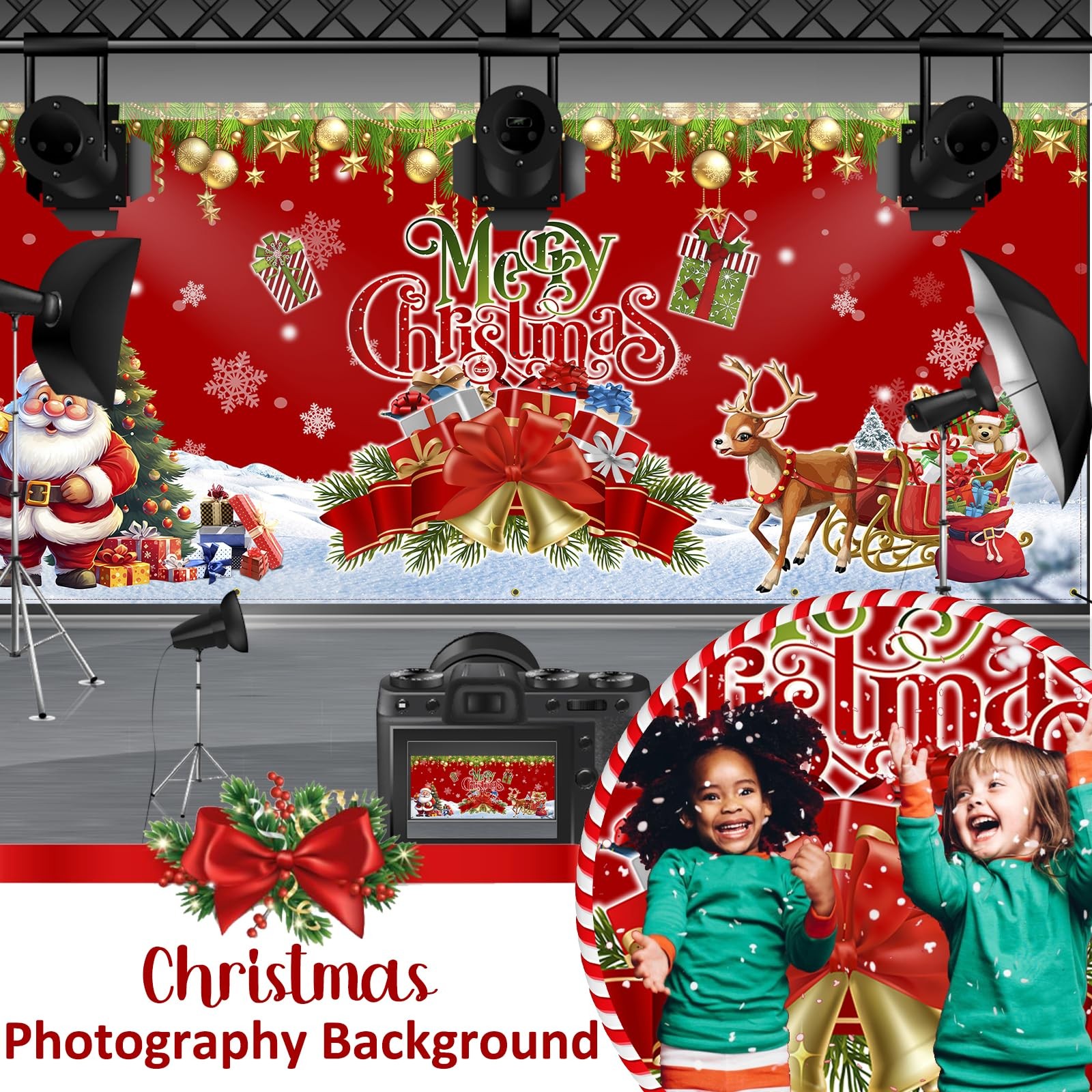 Merry Christmas Garage Door Cover, Large Hanging Backdrop 7 ft x 16 ft, Red