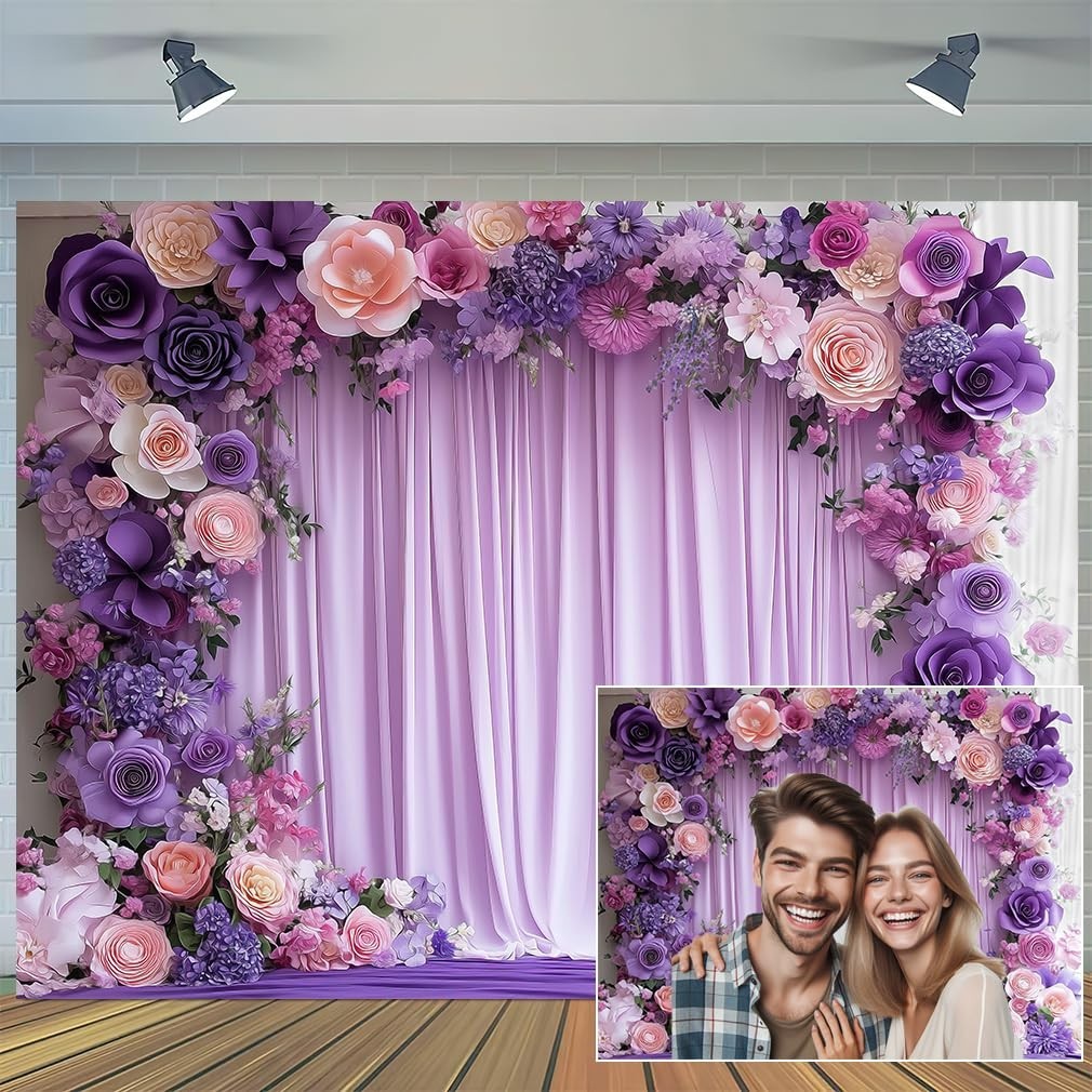 7x7ft Purple Floral Photography Backdrop – Lavender Flower Wall for Weddings, Pa