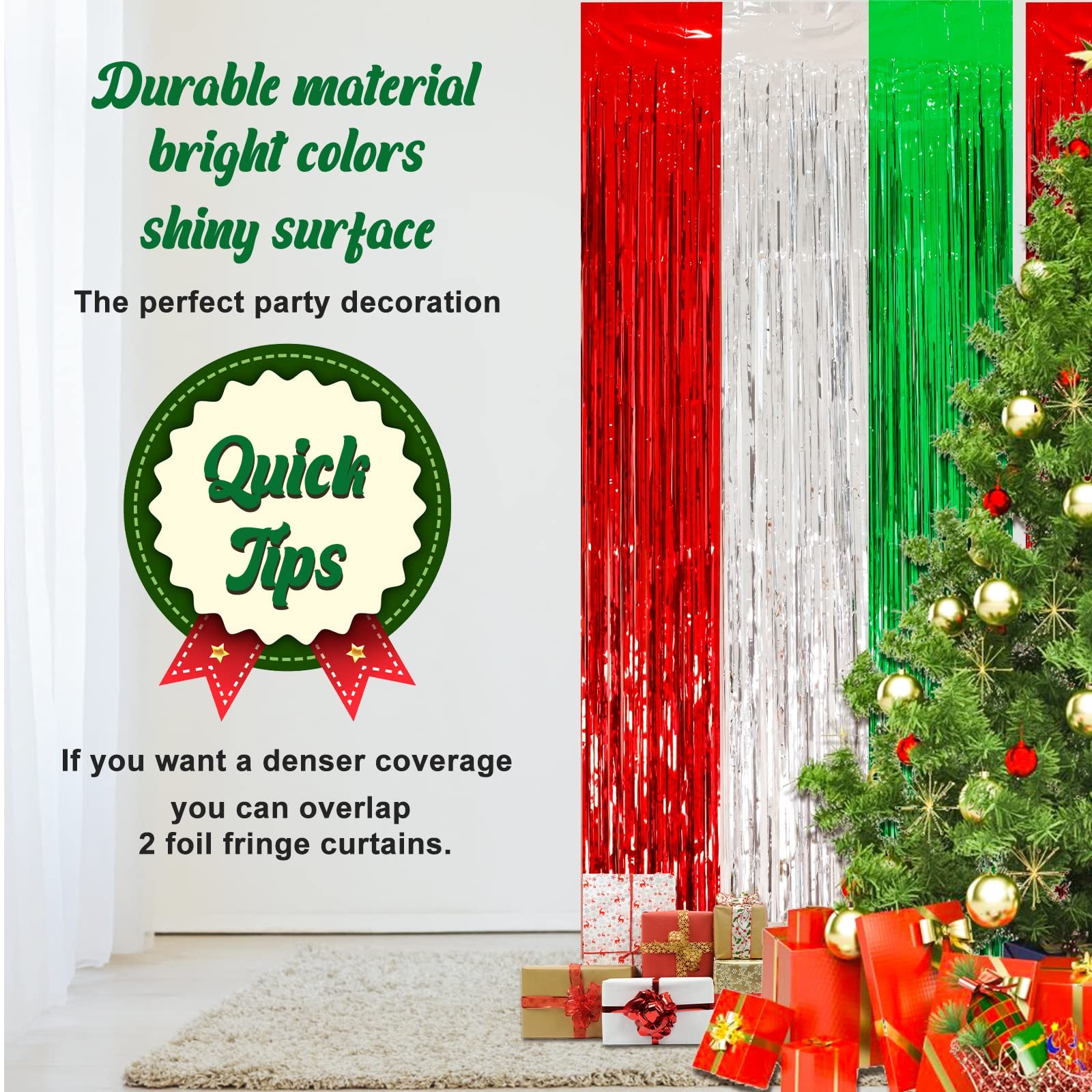 2 PCS Christmas Foil Fringe Curtains Tinsel Photo Backdrop 3.2×8.2 Ft Holiday