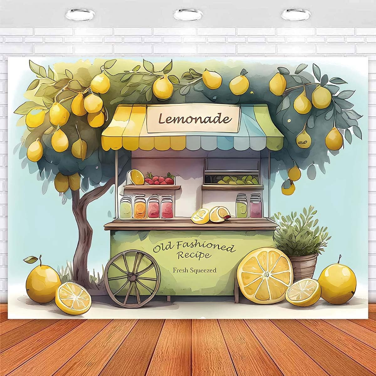Summer Fruit Lemon Stand Market Photography Backdrop Yellow Tree Kids 7×5 FT