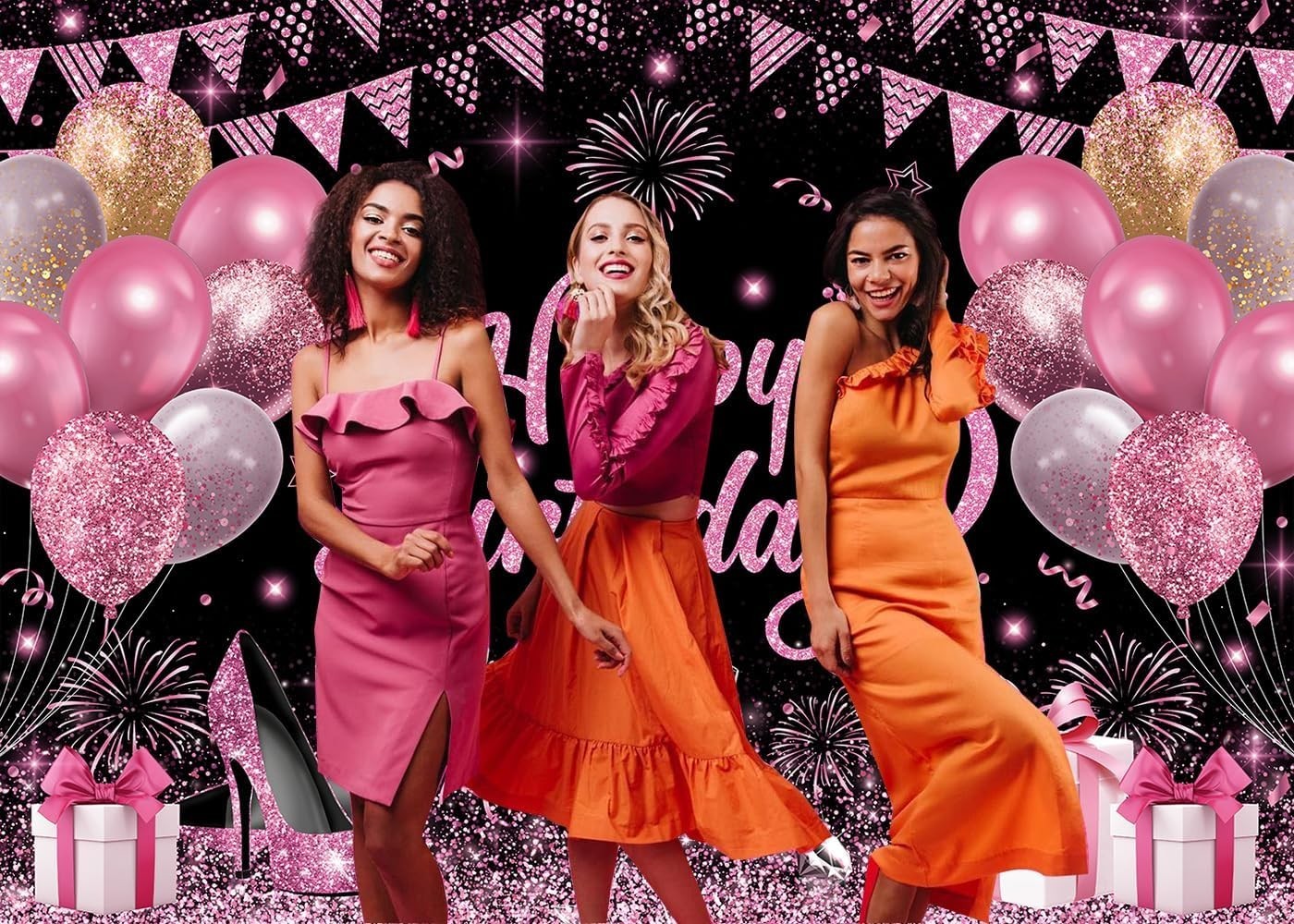 7X5Ft Pink and Black Happy Birthday Backdrop Women Birthday Party Photography