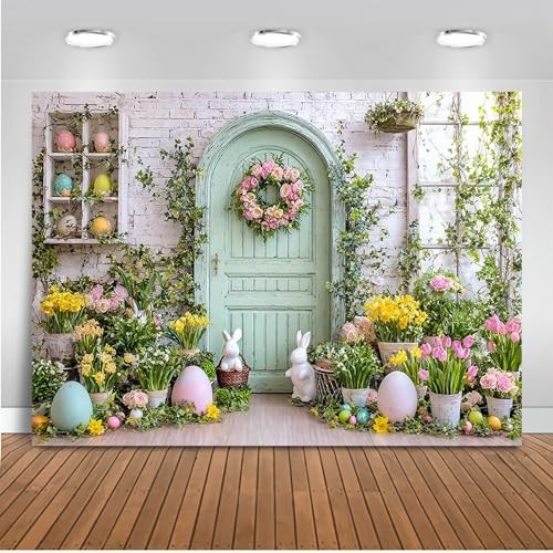 Spring Easter Backdrop 7x5ft – Green Wooden Wall Floral Photography Background D