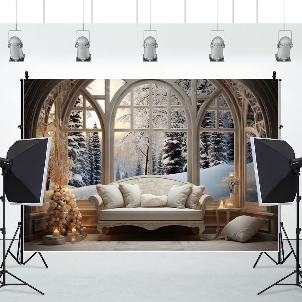 10x8ft Vinyl Christmas Backdrop White Couch Window Forest Snowscape Winter Co…