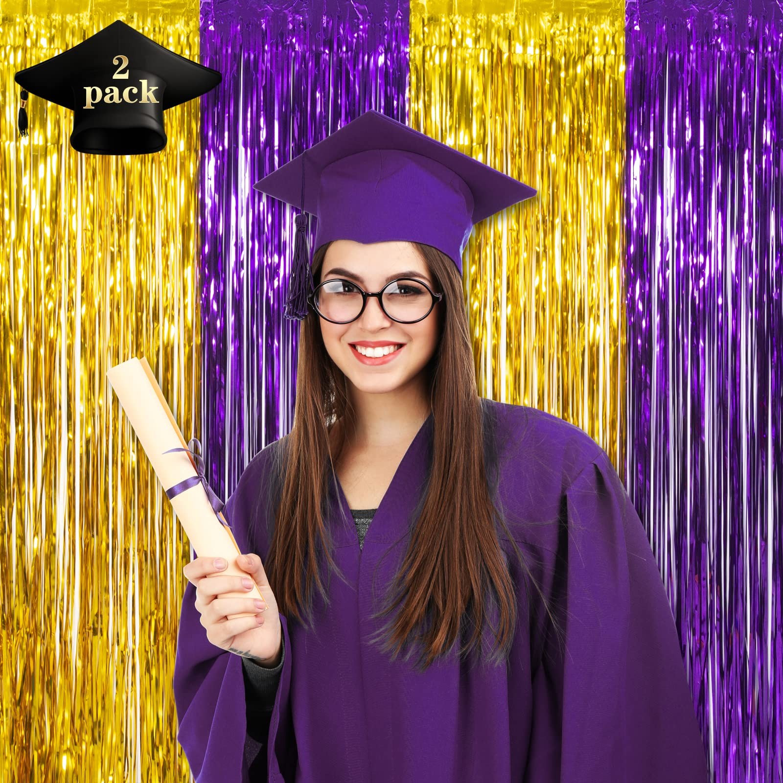 Graduation Party Decoration, 2 Pack Purple Gold Foil Fringe Curtain
