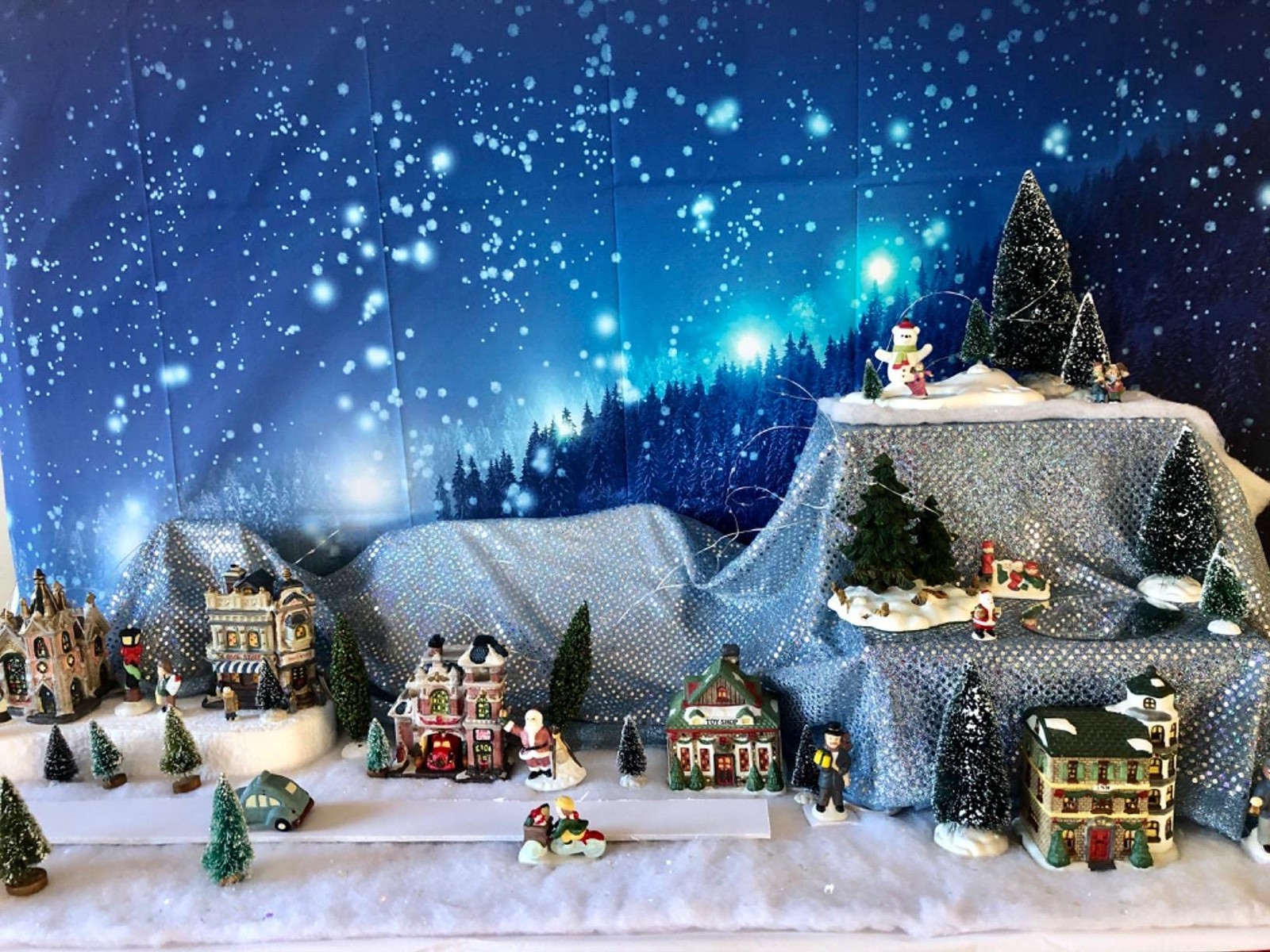 7x5ft Christmas Backdrop Rustic Village Night View Forest Trees Snowing Shini…