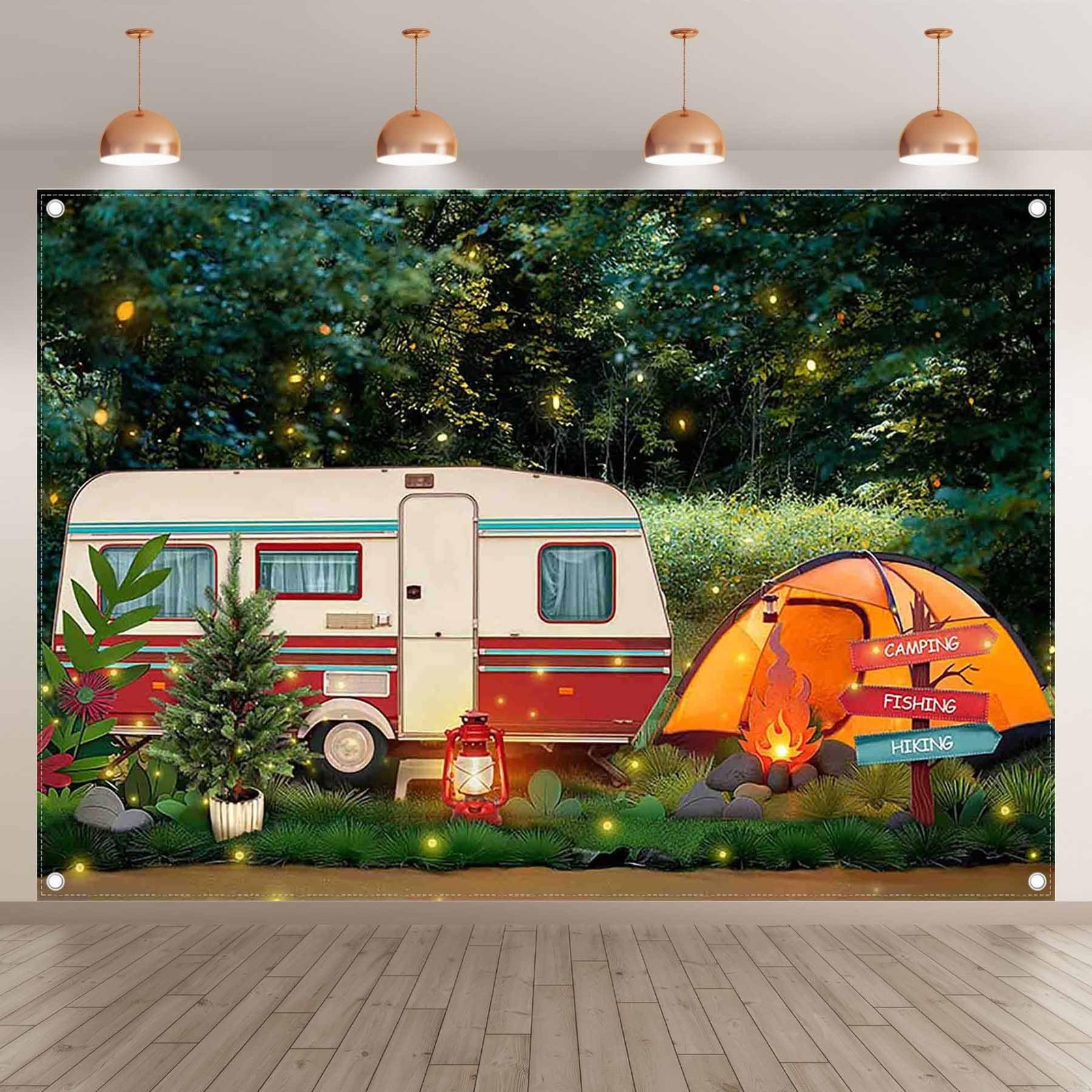 Fabric 7x5ft Summer Camping Photography Backdrop Forest Night Campfire Tent C…