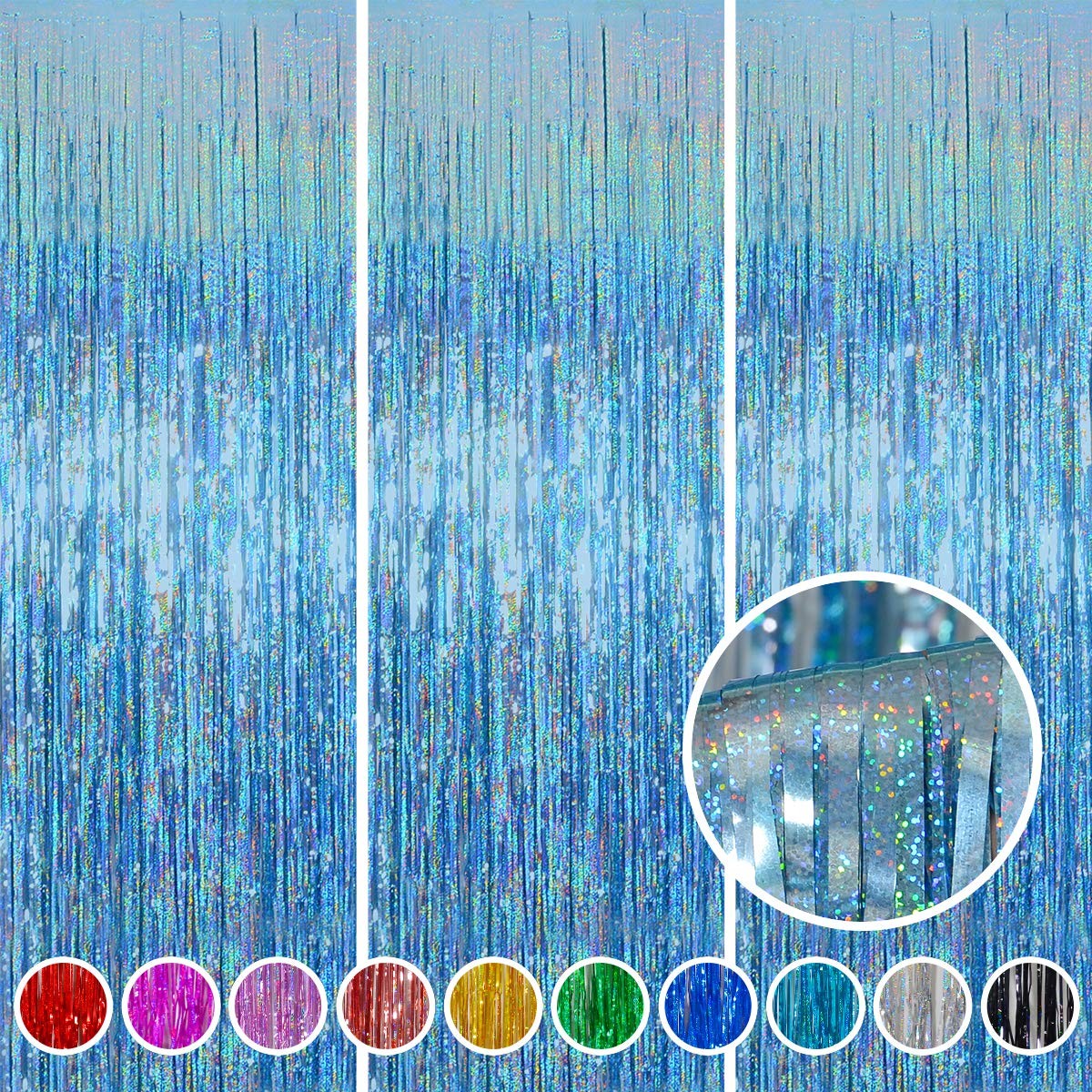 3 Pack 3.2 x 8.2 Ft Foil Fringe Curtain Light Blue Easter Decorations Backdrop